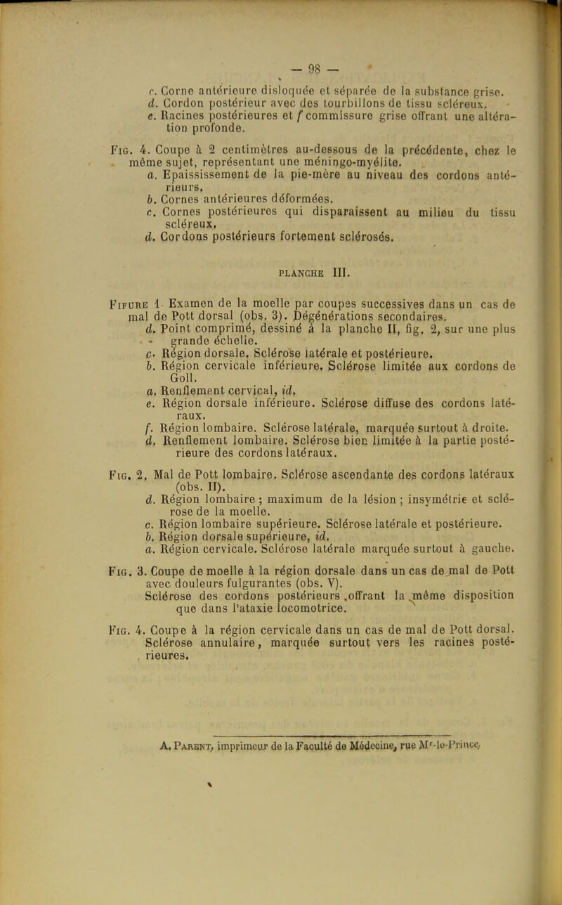 - 08 - r. Corne antérieure disloquée el séparée de la substance grise. d. Cordon postérieur avec des tourbillons de tissu scléreux. e. Racines postérieures et /commissure grise offrant une altéra- tion profonde. Fig. 4. Coupe à 2 centimètres au-dessous de la précédente, chez le même sujet, représentant une méningo-myélite. a. Epaississement de la pie-mère au niveau des cordons anté- rieurs. b. Cornes antérieures déformées. c. Cornes postérieures qui disparaissent au milieu du tissu scléreux, d. Cordons postérieurs fortement sclérosés. PLANCHE III. Fifure 1 Examen de la moelle par coupes successives dans un cas de mal de Pott dorsal (obs. 3). Dégénérations secondaires. d. Point comprimé, dessiné à la planche II, fig. 2, sur une plus grande échelie. c. Région dorsale. Sclérose latérale et postérieure. b. Région cervicale inférieure. Sclérose limitée aux cordons de Goll. a, Renflement cervical, id. e. Région dorsale inférieure. Sclérose diffuse des cordons laté- raux. f. Région lombaire. Sclérose latérale, marquée surtout à droite. d. Renflement lombaire. Sclérose bien limitée à la partie posté- rieure des cordons latéraux. Fig. 2. Mal de Pott lombaire. Sclérose ascendante des cordons latéraux (obs. II). d. Région lombaire; maximum de la lésion; insymétrie el sclé- rose de la moelle. c. Région lombaire supérieure. Sclérose latérale et postérieure. b. Région dorsale supérieure, id, a. Région cervicale. Sclérose latérale marquée surtout à gauche. Fig. 3. Coupe de moelle à la région dorsale dans un cas de mal de Pott avec douleurs fulgurantes (obs. Y). Sclérose des cordons postérieurs .offrant la môme disposition que dans l'ataxie locomotrice. Fig. 4. Coupe à la région cervicale dans un cas de mal de Pott dorsal. Sclérose annulaire, marquée surtout vers les racines posté- . rieures. A. Parent, imprimeur de la Faculté de Médecine, rue M'-lo-Prmcç.