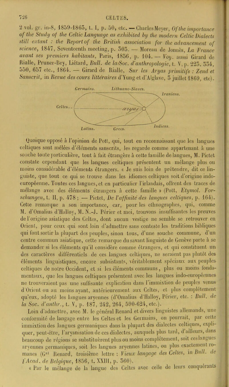 2 vol. gr. in-8, 1859-1863, t. I, p. 50, etc. — Charles Meyer, Oftheimportance oftlie Study of the Cellic Language as exhibiled by the modem Cellic Dialecte sHll extant : the Report of the Brilish association for the advancement of science, 1847, Seventeenth meeting, p. 303. — Moreau de Jonnès, La France avant ses premiers habitants, Paris, 1856, p. 104.— \'oy. aussi Girard de Rialle, Pruner-Bey, Liétard, Bnll. de îa<Soc. d'anthropologie, t. V,p. 225, 554, 550, 657 etc., 1864. — Girard de Rialle, Sur les Aryas primitifs : Zend et Sanscrit, in Revue des cours littéraires d'Yung et d'AIglave, 3 juillet 1869, etc). Germains. Lithuano-Slaves. Iraniens. Celtes. Indiens. Latins. Grecs. (Juoique opposé à l'opinion de Pott, qui, tout en reconnaissant que les langues celtiques sont mêlées d'éléments sanscrits, les regarde comme appartenant à une souche toute particulière, tout à fait étrangère à celte famille de langues, M. Pictet constate cependant que les langues celtiques présentent un mélange plus ou moins considérable d'éléments étrangers. « Je suis loin de prétendre, dit ce lin- guiste, que tout ce qui se trouve dans les idiomes celtiques soit d'origine indo- européenne. Toutes ces langues, et en particulier l'irlandais, offrent des traces de mélange avec des éléments étrangers à cette famille » (Pott, Etymol. For- schungenrt. II, p. 478; — Pictet, De l'affinité des langues celtiques, p. 164). Cette remarque a son importance, car, pour les ethnographes, qui, comme M. d'Omalius d'Halloy, M. N.-J. Périer et moi, trouvons insuffisantes les preuves de l'origine asiatique des Celtes, dont aucun vestige ne semble se retrouver en Orient, pour ceux qui sont loin d'admettre sans conteste les traditions bibliques qui font sortir la plupart des peuples, sinon tous, d'une souche commune, d'un centre commun asiatique, cette remarque du savant linguiste de Genève porte à se demander si les éléments qu'il considère comme étrangers, et qui constituent un des caractères différentiels de ces langues celtiques, ne seraient pas plutôt des éléments linguistiques, encore subsistants, véritablement spéciaux aux peuples celtiques de notre Occident, et si les éléments communs, plus ou moins fonda- mentaux, que les langues celtiques présentent avec les langues indo-européennes ne trouveraient pas une suffisante explication dans l'immixtion de peuples venue d'Orient ou au moins ayant, antérieurement aux Celtes, et plus complètement queux, adopté les langues aryennes (d'Omalius d'Halloy, Périer, etc. : Bull, de la Soc. d'anthr., t. V, p. 187, 242, 264, 590-624, etc.). Loin d'admettre, avec M. le général Renard et divers linguistes allemands, une conformité de langage entre les Celtes et les Germains, on pourrait, par cette immixtion des langues germaniques dans la plupart des dialectes celtiques, expli- quer, peut-être, l'aryamsation de ces dialectes, auxquels plus tard, d'ailleurs, dans beaucoup de régions se substituèrent plus ou moins complètement, soit ces langues aryennes germaniques, soit les langues aryennes latines, ou plus exactement ro- manes (Gal Renard, troisième lettre : Vieux langage des Celtes, M Bull, de fAcad. de Belgique, 1856, t. XXIII, p. 560). « Par le mélange de la langue des Celtes avec celle de leurs conquérants