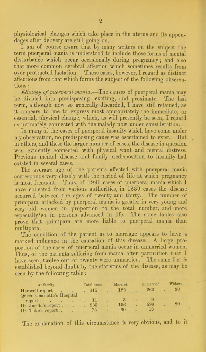 physiological changes which take place in the uterus and its appen- dages after delivery are still going on, I am of course aware that by many writers on the subject the term puerperal mania is understood to include those forms of mental disturbance which occur occasionally during pregnancy; and also that more common cerebral affection which sometimes results from over protracted lactation. These cases, however, I regard as distinct affections from that which forms the subject of the following observa- tions : Etiology of puerperal mania.—The causes of puerperal mania may be divided into predisposing, exciting, and proximate. The last term, although now so generally discarded, I have still retained, as it appears to me to express most appropriately the immediate, or essential, physical change, which, as will presently be seen, I regard as intimately connected with the malady now under consideration. In many of the cases of puerperal insanity which have come under my observation, no predisposing cause was ascertained to exist. But in others, and these the larger number of cases, the disease in question was evidently connected with physical want and mental distress. Previous mental disease and family predisposition to insanity had existed in several cases. The average age of the patients affected with puerperal mania corresponds very closely with the period of life at which pregnancy is most frequent. Thus, of 1996 cases of puerperal mania which I have collected from various authorities, in 1239 cases the disease occurred between the ages of twenty and thirty. The number of primipara attacked by puerperal mania is greater in very young and very old women in proportion to the total number, and more especially*so in persons advanced in life. The same tables also prove that primipara are more liable to puerperal mania than multipara. The condition of the patient as to marriage appears to have a marked influence in the causation of this disease. A large pro- portion of the cases of puerperal mania occur in unmarried women. Thus, of the patients suffering from mania after parturition that I have seen, twelve out of twenty were unmarried. The same fact is estabhshed beyond doubt by the statistics of the disease, as may be seen by the following table : Authority. Total cases HatLwell report . . . 415 Queen Charlotte's Hospital report .... 11 Dr. Jacobi's report, . . 835 Dr. Tuke's report ... 73 The explanation of this circumstance is very obvious, and to it Married. Unmarried. Widows. 122 . 263 . 30 3 8 156 599 , 80 60 . 13