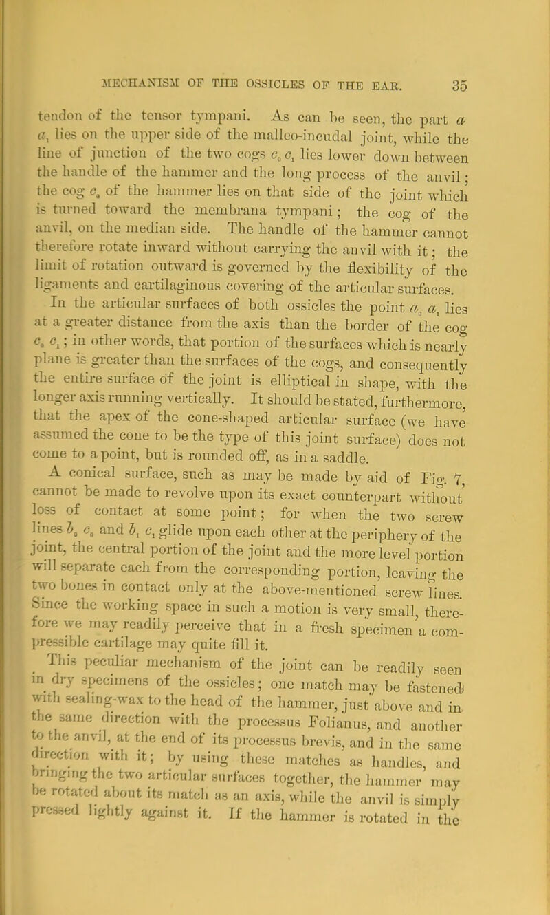 tendon of the tensor tympani. As can be seen, the part a a, lies on the upper side of the mallco-incudal joint, while the line of junction of the two cogs c0c, lies lower down between the handle of the hammer and the long process of the anvil • the cog c, of the hammer lies on that side of the joint which is turned toward the membrana tympani; the cog of the anvil, on the median side. The handle of the hammer cannot therefore rotate inward without carrying the anvil with it • the limit of rotation outward is governed by the flexibility of the ligaments and cartilaginous covering of the articular surfaces. In the articular surfaces of both ossicles the point a0 ax lies at a greater distance from the axis than the border of the cog c„ ; in other words, that portion of the surfaces which is nearly plane is greater than the surfaces of the cogs, and consequently the entire surface of the joint is elliptical in shape, with the lunger axis running vertically. It should be stated, furthermore, that the apex of the cone-shaped articular surface (we have assumed the cone to be the type of this joint surface) does not come to a point, but is rounded off, as in a saddle. A conical surface, such as may be made by aid of Fig. 7 cannot be made to revolve upon its exact counterpart without loss of contact at some point; for when the two screw lines b0 ca and b, cx glide upon each other at the periphery of the joint, the central portion of the joint and the more level portion will separate each from the corresponding portion, leaving the two bones in contact only at the above-mentioned screw lines. Since the working space in such a motion is very small there- fore we may readily perceive that in a fresh specimen a com- pressible cartilage may quite fill it. This peculiar mechanism of the joint can be readily seen m dry specimens of the ossicles; one match may be fastened* with sealing-wax to the head of the hammer, just' above and in- the same direction with the processus Folianus, and another to the anvil, at the end of its processus brevis, and in the same direction with it; by using these matches as handles, and bringing the two articular surfaces together, the hammer may be rotated about its match as an axis, while the anvil is simply pressed lightly against it. If the hammer is rotated in the