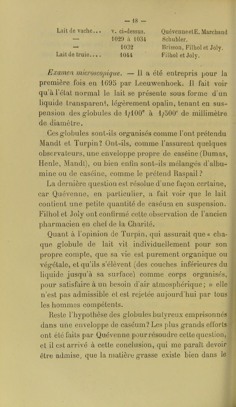 Lait de vache... v. ci-dessus. Quévenneet E. Marchand — 1029 à 1034 Schubler. — 1032 Brisson, Filholet Joly. Lait de truie 1044 Filhol et Joly. Examen microscopique. — Il a été entrepris pour la première fois en 1695 par Leeuwenhoek. Il fait voir qu'à l'état normal le lait se présente sous forme d'un liquide transparent, lég-èrement opalin, tenant ea sus- pension des g^lobules de 1/100* à l/oOO de millimètre de diamètre. Gesg'lobules sont-ils org'anisés comme l'ont prétendu Mandt et Turpin? Ont-ils, comme l'assurent quelques observateurs, une enveloppe propre de caséine (Dumas, Henle, Mandt), ou bien enfin sont-ils mélang-és d'albu- mine ou de caséine, comme le prétend Raspail ? La dernière question est résolue d'une façon certaine, car Quévenne, en particulier, u fait voir que le lait contient une petite quantité de caséum en suspension. Filhol et Joiy ont confirmé cette observation de l'ancien pharmacien en chef de la Charité. Quant à l'opinion de Turpin, qui assurait que « cha- que globule de lait vit individuellement pour son propre compte, que sa vie est purement organique ou végétale, et qu'ils s'élèvent (des couches inférieures du liquide jusqu'à sa surface) comme corps organisés, pour satisfaire à un besoin d'air atmosphérique; » elle n'est pas admissible et est rejetée aujourd'hui par tous les hommes compétents. Reste l'hypothèse des globules butyreux emprisonnés dans une enveloppe de caséum? Les plus grands efforts ont été faits par Quévenne pour résoudre cette question, et il est arrivé à cette conclusion, qui me paraît devoir être admise, que la matière g'rasse existe bien dans le