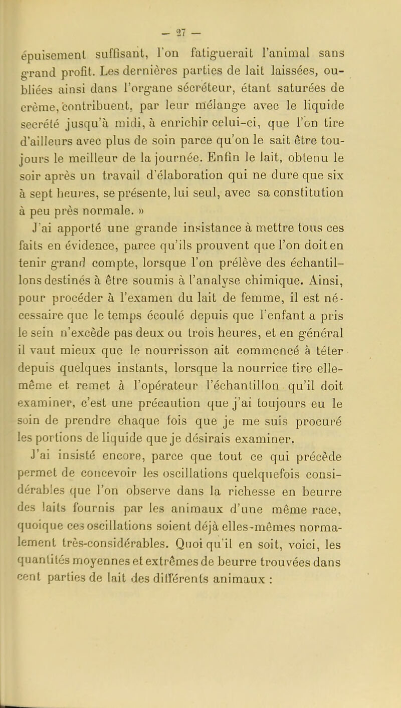 épuisement suffisant, l'on fatig'uerait l'animal sans gTand profit. Les dernières parties de lait laissées, ou- bliées ainsi dans l'org-ane sécréteur, étant saturées de crème, contribuent, par leur mélangée avec le liquide sécrété jusqu'à midi, à enrichir celui-ci, que l'on tire d'ailleurs avec plus de soin parce qu'on le sait être tou- jours le meilleur de la journée. Enfin le lait, obtenu le soir après un travail d'élaboration qui ne dure que six à sept heures, se présente, lui seul, avec sa constitution à peu près normale. » J'ai apporté une g^rande insistance à mettre tous ces faits en évidence, parce qu'ils prouvent que l'on doit en tenir g'rand compte, lorsque l'on prélève des échantil- lons destinés à être soumis à l'analyse chimique. Ainsi, pour procéder à l'examen du lait de femme, il est né- cessaire que le temps écoulé depuis que l enfant a pris le sein n'excède pas deux ou trois heures, et en g-énéral il vaut mieux que le nourrisson ait commencé à téter depuis quelques instants, lorsque la nourrice tire elle- même et remet à l'opérateur l'échanlillon qu'il doit examiner, c'est une précaution que j'ai toujours eu le soin de prendre chaque fois que je me suis procuré les portions de liquide que je désirais examiner. J'ai insisté encore, parce que tout ce qui précède permet de concevoir les oscillations quelquefois consi- dérables que l'on observe dans la richesse en beurre des laits fournis par les animaux d'une même race, quoique ces oscillations soient déjà elles-mêmes norma- lement très-considérables. Quoiqu'il en soit, voici, les quantités moyennes et extrêmes de beurre trouvées dans cent parties de lait des dilférents animaux :