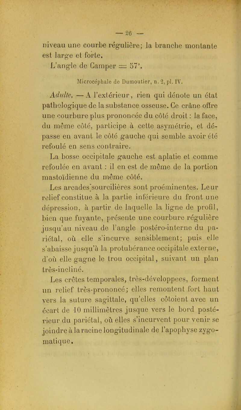 niveau une courbe rég'ulière; la branche montante est laro’e et forte. L’ang'Ie de Camper = 57^ Microcéphale de Dumoutier, n. 2, pl. IV, Adulte. —A l’extérieur, rien qui dénote un état patliolog'ique de la substance osseuse. Ce crâne offre une courbure plus prononcée du côté droit : la face, du meme coté, participe à cette asymétrie, et dé- passe en avant le côté g-auche qui semble avoir été refoulé en sens contraire. La bosse occipitale g’auche est aplatie et comme refoulée en avant ; il en est de même de la portion mastoïdienne du même côté. Les arcades^soLircilières sont proéminentes. Leur relief constitue à la partie inférieure du front une dépression, à partir de laquelle la lig'ne de profil, bien que fuyante, présente une courbure rég’ulière jusqu’au niveau de Tangle postéro-interne du pa- riétal, où elle s’incurve sensiblement; puis elle s’abaisse jusqu’à la protubérance occipitale externe, d’où elle g’ag’ue le trou occipital, suivant un plan très-incliné. Les crêtes temporales, très-développees, forment un relief très-prononcé; elles remontent fort haut vers la suture sag’ittale, qu’elles côtoient avec un écart de 10 niillimètres jusque vers le bord posté- rieur du pariétal, où elles s’incurvent pour venir se joindre à laracine long-itudinale de l’apophyse zyg’o- malique.