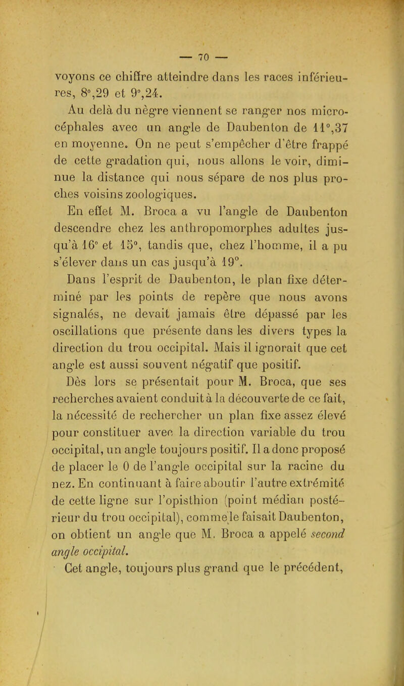 voyons ce chiffre atteindre dans les races inférieu- res, 8°,29 et 9%24. Au delà du nèg're viennent se rang'er nos micro- céphales avec un ang’le de Daubenton de 11°,37 en moyenne. On ne peut s’empêcher d’être frappé de cette gTadation qui, nous allons le voir, dimi- nue la distance qui nous sépare de nos plus pro- ches voisins zoolog’iques. En effet M. Broca a vu l’ang'le de Daubenton descendre chez les anthropomorphes adultes jus- qu’à 16° et 15°, tandis que, chez l’homme, il a pu s’élever dans un cas jusqu’à 19°. Dans l’esprit de Daubenton, le plan fixe déter- miné par les points de repère que nous avons signalés, ne devait jamais être dépassé par les oscillations que présente dans les divers types la direction du trou occipital. Mais il igmorait que cet angle est aussi souvent négatif que positif. Dès lors se présentait pour M. Broca, que ses recherches avaient conduit à la découverte de ce fait, la nécessité de rechercher un plan fixe assez élevé pour constituer avec la direction variable du trou occipital, un angle toujours positif. Il a donc proposé de placer le 0 de l’angle occipital sur la racine du nez. En continuant à faire aboutir l’autre extrémité de cette ligne sur l’opisthion (point médian posté- rieur du trou occipital), commele faisait Daubenton, on obtient un angle que M. Broca a appelé second angle occipital. Cet angle, toujours plus grand que le précédent. I