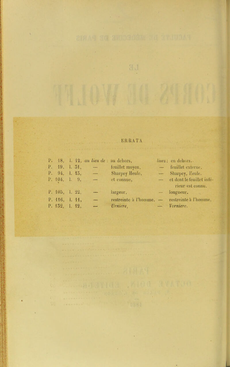 fclRRATA P. 18, 1. 12, au lieu de : au dehors, lisez eu dehors. p. 19, 1. 51, feuillet moyeu, — feuillet externe. p. 94, 1. 15, Sharpey Heulc, — Sharpey, lîeule. p. 104. 1. 9, et connue, — et dont le feuillet infé rieur est connu. p. 105, l. 22, largeur, — longueur. p. 116, 1. H, restreinte ;i rhomme. — restreinte à l'homme. p. 132, 1. 12, Urniere, — Vornierc.