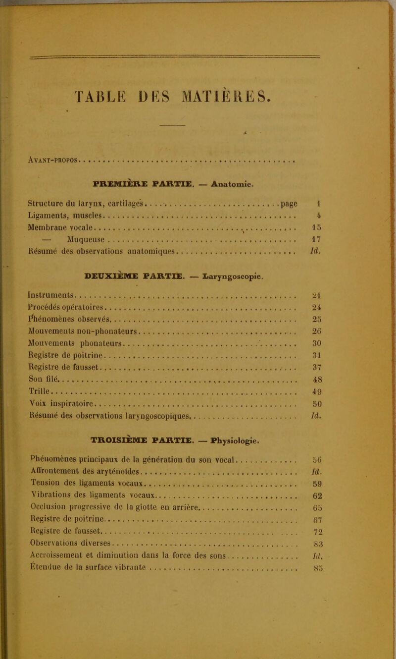 TABLE DES MATIÈRES. >'*** .V; * Avant-propos PREMIÈRE PARTIE. — Anatomie. Structure du larynx, cartilages.. . .• .page 1 Ligaments, muscles 4 Membrane vocale 15 — Muqueuse 17 Résumé des observations anatomiques ld. DEUXIÈME PARTIE. — Laryngoscopie. Instruments il Procédés opératoires 24 Phénomènes observés 25 Mouvements non-phonateurs 26 Mouvements phonateurs 30 Registre de poitrine 31 Registre de fausset , 37 Son fllé , 48 Trille 49 Voix inspiratoire 50 Résumé des observations laryngoscopiques ld. TROISIEME PARTIE. — Physiologie. Phénomènes principaux de la génération du son vocal 56 Affrontement des aryténoides ld. Tension des ligaments vocaux 59 Vibrations des ligaments vocaux 62 Occlusion progressive de la glotte en arrière 65 Registre de poitrine 67 Registre de fausset 72 Observations diverses 83 Accroissement et dimiuulion dans la force des sons ld. Étendue de la surface vibrante 85