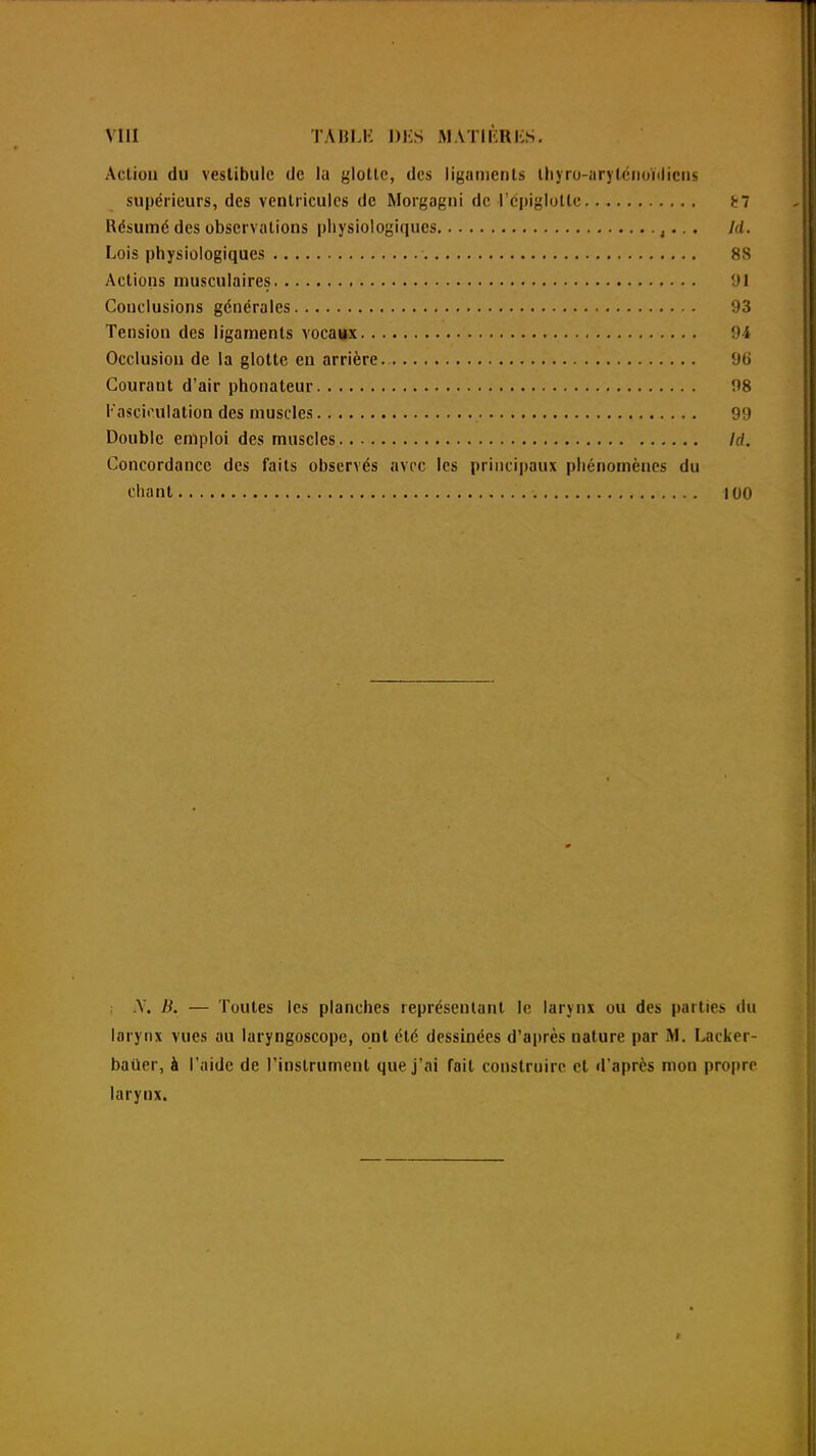 Action du vestibule de la glotte, des ligaments Ihyro-aryténoïdicns supérieurs, des ventricules de Morgagni de l'épiglotlc 81 Résumé des observations physiologiques ,.. . Id. Lois physiologiques 88 Actions musculaires 91 Conclusions générales 93 Tension des ligaments vocaux 9i Occlusiou de la glotte en arrière 96 Gourant d'air phonateur 98 l'aseieulation des muscles 99 Double emploi des muscles Id. Concordance des faits observés avec les principaux phénomènes du chant 100 .Y. B. — Toutes les planches représentant le larynx ou des parties du larynx vues au laryngoscope, ont été dessinées d'après nature par M. Lacker- baUer, à l'aide de l'instrument que j'ai Tait construire et d'après mon propre larynx.