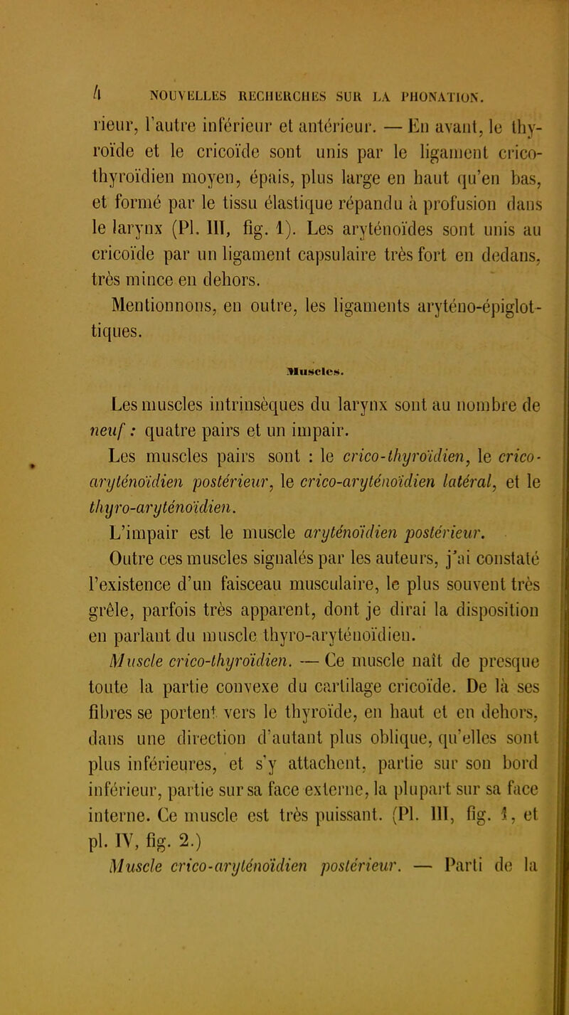 rieur, l'autre inférieur et antérieur. — En avant, le thy- roïde et le cricoïde sont unis par le ligament crico- thyroïdien moyen, épais, plus large en haut qu'en bas, et formé par le tissu élastique répandu à profusion dans le larynx (Pl. HT, fig. 1). Les aryténoïdes sont unis au cricoïde par un ligament capsulaire très fort en dedans, très mince en dehors. Mentionnons, en outre, les ligaments aryténo-épiglot- tiques. Muscle». Les muscles intrinsèques du larynx sont au nombre de neuf : quatre pairs et un impair. Les muscles pairs sont : le crico-thyroïdien, le crico- aryténoïdien postérieur, le crico-aryténoïdien latéral, et le thyro-aryténoïdien. L'impair est le muscle aryténoïdien postérieur. Outre ces muscles signalés par les auteurs, j'ai constaté l'existence d'un faisceau musculaire, le plus souvent tics grêle, parfois très apparent, dont je dirai la disposition en parlant du muscle thyro-aryténoïdien. Muscle crico-thyroïdien. — Ce muscle naît de presque toute la partie convexe du cartilage cricoïde. De là ses fibres se portent vers le thyroïde, en haut et en dehors, dans une direction d'autant plus oblique, qu'elles sont plus inférieures, et s'y attachent, partie sur son bord inférieur, partie sur sa face externe, la plupart sur sa face interne. Ce muscle est très puissant. (Pl. 111, fig. 1, el pl. IV, fig- 2.) Muscle crico-aryténoïdien postérieur. — Parti de la