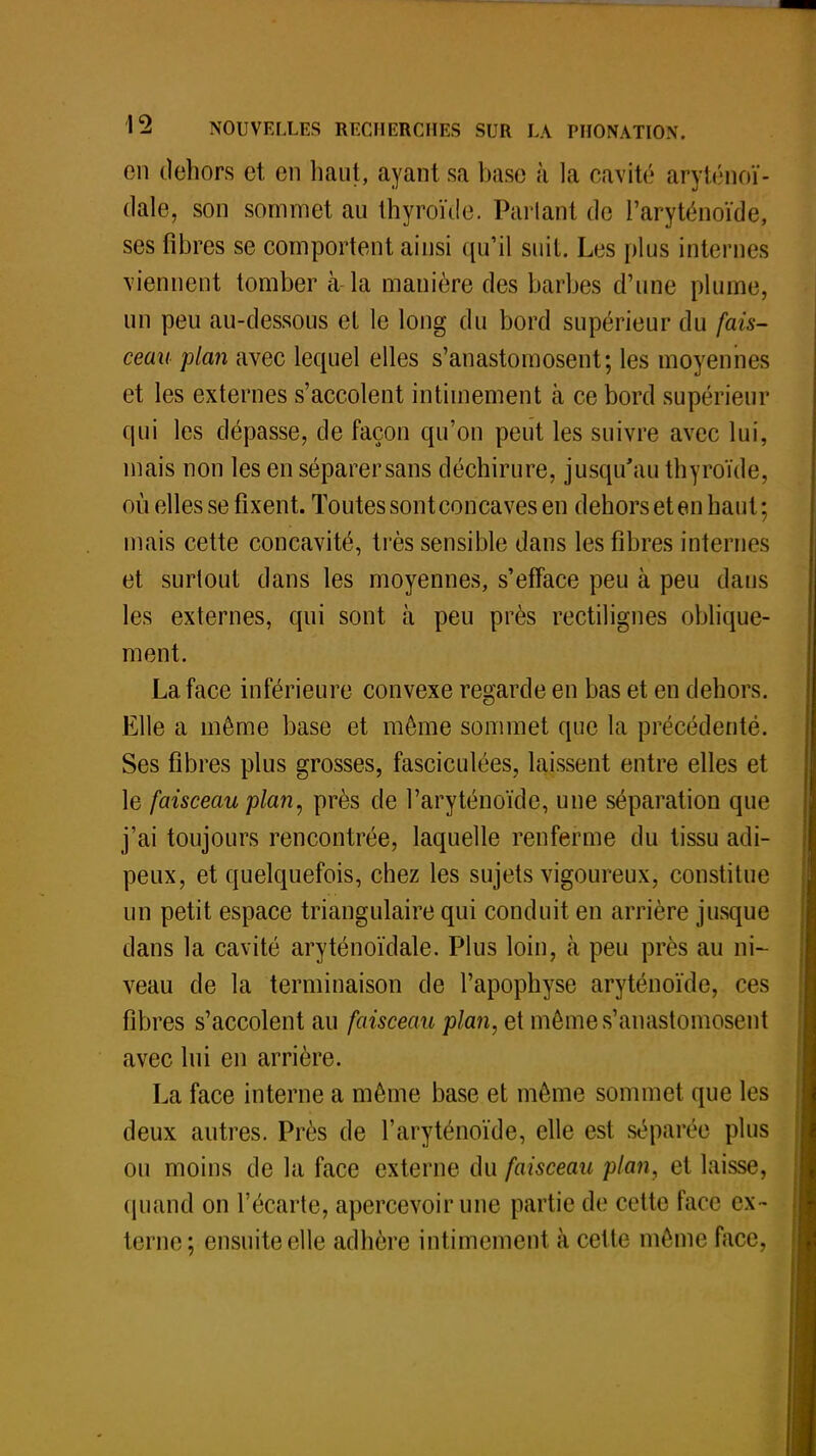 on dehors et en haut, ayant sa base à la cavité aryténoï- dale, son sommet au thyroïde. Parlant de Paryténoïde, ses fibres se comportent ainsi qu'il suit. Les plus internes viennent tomber à la manière des barbes d'une plume, un peu au-dessous et le long du bord supérieur du fais- ceau plan avec lequel elles s'anastomosent; les moyennes et les externes s'accolent intimement à ce bord supérieur qui les dépasse, de façon qu'on peut les suivre avec lui, mais non les enséparersans déchirure, jusqu'au thyroïde, où elles se fixent. Toutes sontconcaves en dehors et en haut; mais cette concavité, très sensible dans les fibres internes et surtout dans les moyennes, s'efface peu à peu dans les externes, qui sont à peu près rectilignes oblique- ment. La face inférieure convexe regarde en bas et en dehors. Elle a même base et môme sommet que la précédente. Ses fibres plus grosses, fasciculées, laissent entre elles et le faisceau plan, près de l'aryténoïde, une séparation que j'ai toujours rencontrée, laquelle renferme du tissu adi- peux, et quelquefois, chez les sujets vigoureux, constitue un petit espace triangulaire qui conduit en arrière jusque dans la cavité aryténoïdale. Plus loin, à peu près au ni- veau de la terminaison de l'apophyse aryténoïde, ces fibres s'accolent au faisceau plan, et môme s'anastomosent avec lui en arrière. La face interne a même base et même sommet que les deux autres. Près de l'aryténoïde, elle est séparée plus ou moins de la face externe du faisceau plan, et laisse, quand on l'écarté, apercevoir une partie de cette face ex - terne; ensuite elle adhère intimement à celte même face,