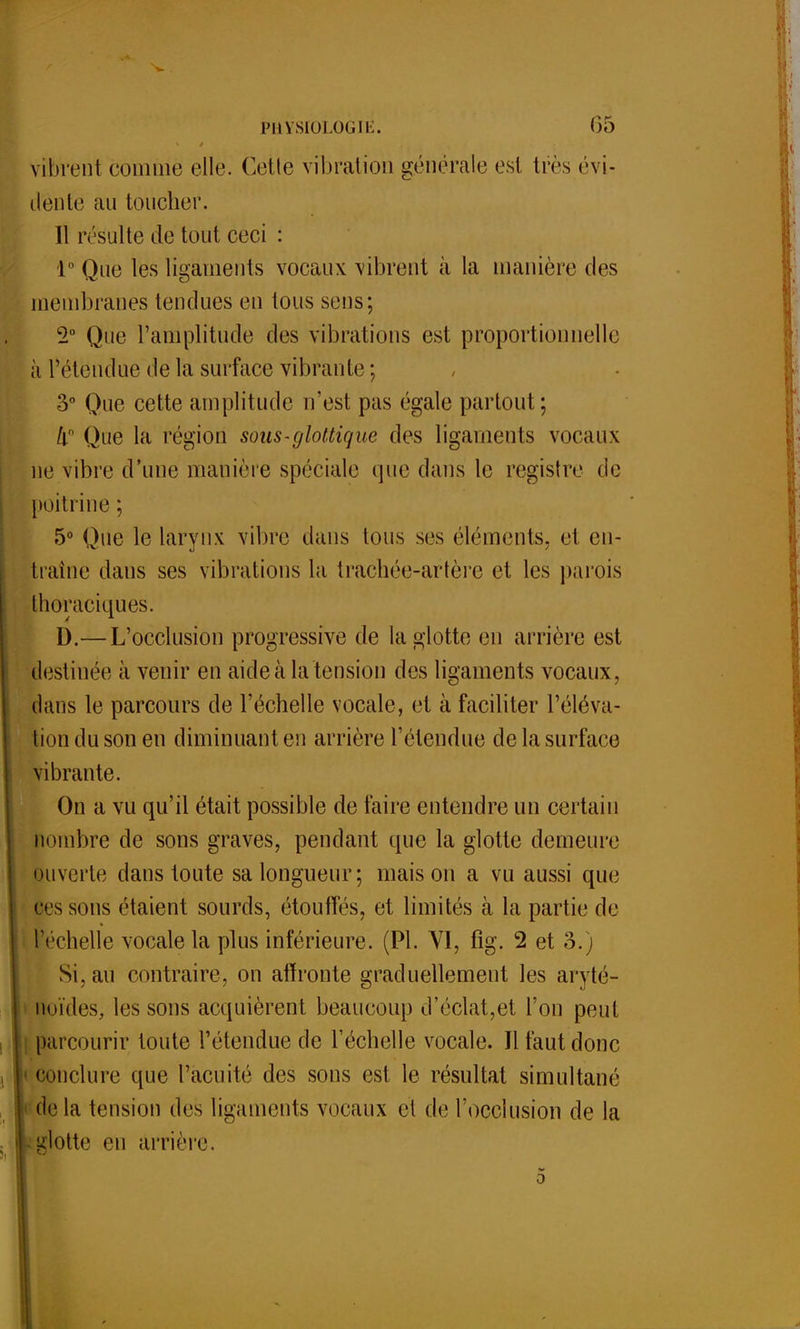 vibrent comme elle. Cette vibration générale est très évi- dente an toucher. Il résulte de tout ceci : 1° Que les ligaments vocaux vibrent à la manière des membranes tendues en tous sens; 1° Que l'amplitude des vibrations est proportionnelle à l'étendue de la surface vibrante ; 3° Que cette amplitude n'est pas égale partout; /f Que la région sous-glottique des ligaments vocaux ne vibre d'une manière spéciale que dans le registre de poitrine ; 5° Que le larynx vibre dans tous ses éléments, et en- traine dans ses vibrations la trachée-artère et les parois thoraciques. D.—L'occlusion progressive de la glotte en arrière est destinée à venir en aide à la tension des ligaments vocaux, dans le parcours de l'échelle vocale, et à faciliter l'éléva- tion du son en diminuant eu arrière l'étendue de la surface vibrante. On a vu qu'il était possible de faire entendre un certain nombre de sons graves, pendant que la glotte demeure ouverte dans toute sa longueur; maison a vu aussi que ces sons étaient sourds, étouffés, et limités à la partie de l'échelle vocale la plus inférieure. (Pl. VI, fig. 2 et 3.) Si, au contraire, on affronte graduellement les aryté- noïdes, les sons acquièrent beaucoup d'éclat,et l'on peut parcourir toute l'étendue de l'échelle vocale. Il faut donc conclure que l'acuité des sons est le résultat simultané delà tension des ligaments vocaux cl de l'occlusion de la glotte en arrière.