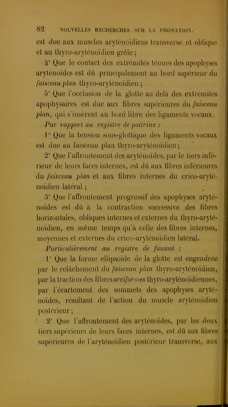 est due aux muscles aryténoïdiens transverse et oblique et au thyro-aryténoïdien grêle ; k° Que le contact des extrémités ténues des apophyses aryténoïdes est dû principalement au bord supérieur du faisceau plan thyro-aryténoïdien ; 5° Que l'occlusion de la glotte au delà des extrémités apophysaires est due aux fibres supérieures du faisceau plan, qui s'insèrent au bord libre des ligaments vocaux. Par rapport au registre de poitrine : V Que la tension sous-glottique des ligaments vocaux est due au faisceau plan thyro-aryténoïdien; 2° Que l'affrontement des aryténoïdes, parle tiers infé- rieur de leurs faces internes, est dû aux fibres inférieures du faisceau plan et aux fibres internes du crieo-aryté- noïdien latéral ; 3° Que l'affrontement progressif des apophyses aryté- noïdes est dû à la contraction successive des fibres horizontales, obliques internes et externes du thyro-aryté- noïdien, en même temps qu'à celle des fibres internes, moyennes et externes du crico-aryténoïdien latéral. Particulièrement au registre de fausset : i° Que la forme ellipsoïde de la glotte est engendrée par le relâchement du faisceau plan thyro-aryténoïdien. par la traction des fibres arcifortnes thyro-aryténoïdiennes, par l'écartement des sommets des apophyses aryté- noïdes, résultant de l'action du muscle aryténoïdien postérieur ; 2° Que l'affrontement des aryténoïdes, par les deux tiers supérieurs de leurs faces internes, est dû aux fibres supérieures de l'aryténoïdien postérieur transverse, aux