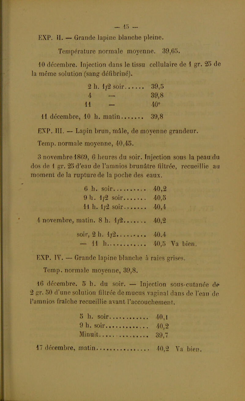 EXP. il. — Grande lapine blanche pleine. Température normale moyenne. 39,65. 40 décembre. Injection dans le tissu cellulaire de 1 gr. 25 de la même solution (sang défibriné). 2 h. \£L soir 39,5 4 — 39,8 H - 40° 11 décembre, 10 h. matin 39,8 EXP. 111. — Lapin brun, mâle, de moyenne grandeur. Temp. normale moyenne, 40,45. 3 novembre 4809, 0 heures du soir. Injection sous la peau du dos de 1 gr. 25 d'eau de l'amnios brunâtre filtrée, recueillie au moment de la rupture de la poche des eaux. 6 h. soir 40,2 9 h. 1/2 soir 40,5 H h. 1/2 soir. 40,4 4 novembre, matin. 8 h. 1/2 40,2 soir, 2 h. 1/2 40.4 — M h 40,5 Va bien. EXP. IV. — Grande lapine blanche à raies grises. Temp. normale moyenne, 39,8. 16 décembre. 5 h. du soir. — Injection sous-cutanée de 2 gr. 50 d'une solution filtrée de mucus vaginal dans de l'eau de l'amnios fraîche recueillie avant l'accouchement. 5 h. soir 40,1 9 h. soir 40,2 Minuit 39,7 17 décembre, matin 40,2 Va bien.