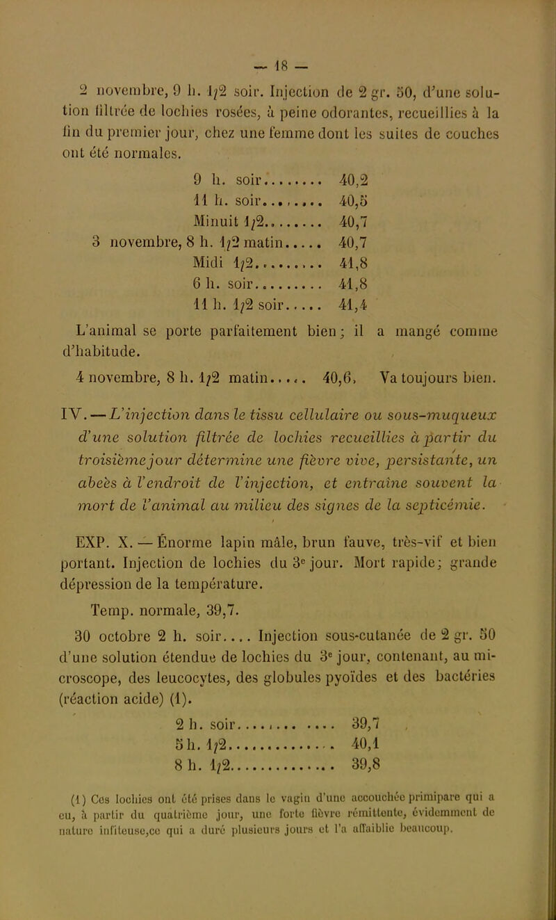 2 novembre, 9 h. 1/2 soir. Injection tle 2 gr. 50, d'une solu- tion liltrée de lochies rosées, à peine odorantes, recueillies à la fin du premier jour, chez une femme dont les suites de couches ont été normales. 9 h. soir 40,2 11 h. soir. 40,5 Minuit 1/2 40,7 3 novembre, 8 h. 1/2 matin 40,7 Midi 1/2 41,8 6 h. soir 41,8 11 h. 1/2 soir 41,4 L'animal se porte parfaitement bien; il a mangé comme d'habitude. 4 novembre, 8 h. 1/2 matin...,. 40,6, Va toujours bien. IV. — L'injection clans le tissu cellulaire ou sous-muqueux d'une solution filtrée de lochies recueillies à partir du troisième jour détermine une fièvre vive, persistante, un abees à l'endroit de l'injection, et entraine souvent la mort de l'animal au milieu des signes de la septicémie. EXP. X. —Énorme lapin mâle, brun fauve, très-vif et bien portant. Injection de lochies du 3e jour. Mort rapide; grande dépression de la température. Temp. normale, 39,7. 30 octobre 2 h. soir Injection sous-cutanée de 2 gr. 50 d'une solution étendue de lochies du 3e jour, contenant, au mi- croscope, des leucocytes, des globules pyoïdes et des bactéries (réaction acide) (1). 2 h. soir , 39,7 5h. 1/2 40,1 8 h. 1/2 39,8 (1) Ces lochies ont été prises dans le vagin d'une accouchée primipare qui a eu, à partir du quatrième jour, une forte fièvre rémittente, évidemment de nature iiifiteuse,cc qui a duré plusieurs jours et l'a affaiblie beaucoup.