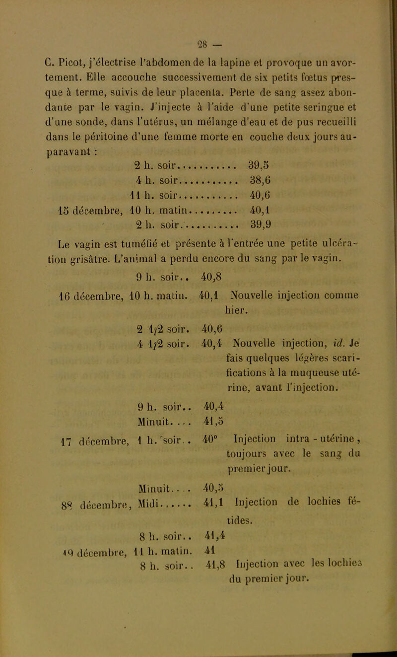 18 — C. Picot, j'électrise l'abdomen de la lapine et provoque un avor- tement. Elle accouche successivement de six petits fœtus pres- que à terme, suivis de leur placenta. Perte de sang assez abon- dante par le vagin. J'injecte à l'aide d'une petite seringue et d'une sonde, dans l'utérus, un mélange d'eau et de pus recueilli dans le péritoine d'une femme morte en couche deux jours au- paravant : 2 h. soir 39,5 4 h. soir 38,6 11 h. soir 40,6 15 décembre, 10 h. matin. 40,1 2 h. soir 39,9 Le vagin est tuméfié et présente à l'entrée une petite ulcéra- tion grisâtre. L'animal a perdu encore du sang par le vagin. 9 h. soir.. 40,8 16 décembre, 10 h. matin. 40,1 Nouvelle injection comme hier. 2 1?2 soir. 40,6 4 1;2 soir. 40,4 Nouvelle injection, id. Je fais quelques légères scari- fications à la muqueuse uté- rine, avant l'injection. 9 h. soir.. 40,4 Minuit. ... 41,5 17 décembre, \ h. 'soir.. 40° Injection intra-utérine, toujours avec le sang du premier jour. Minuit.. .. 40,5 88 décembre, Midi 41,1 Injection de lochies fé- tides. 8 h. soir.. 41,4 «M décembre, 11 h. matin. 41 8 li. soir.. 41,8 Injection avec les lochies du premier jour.