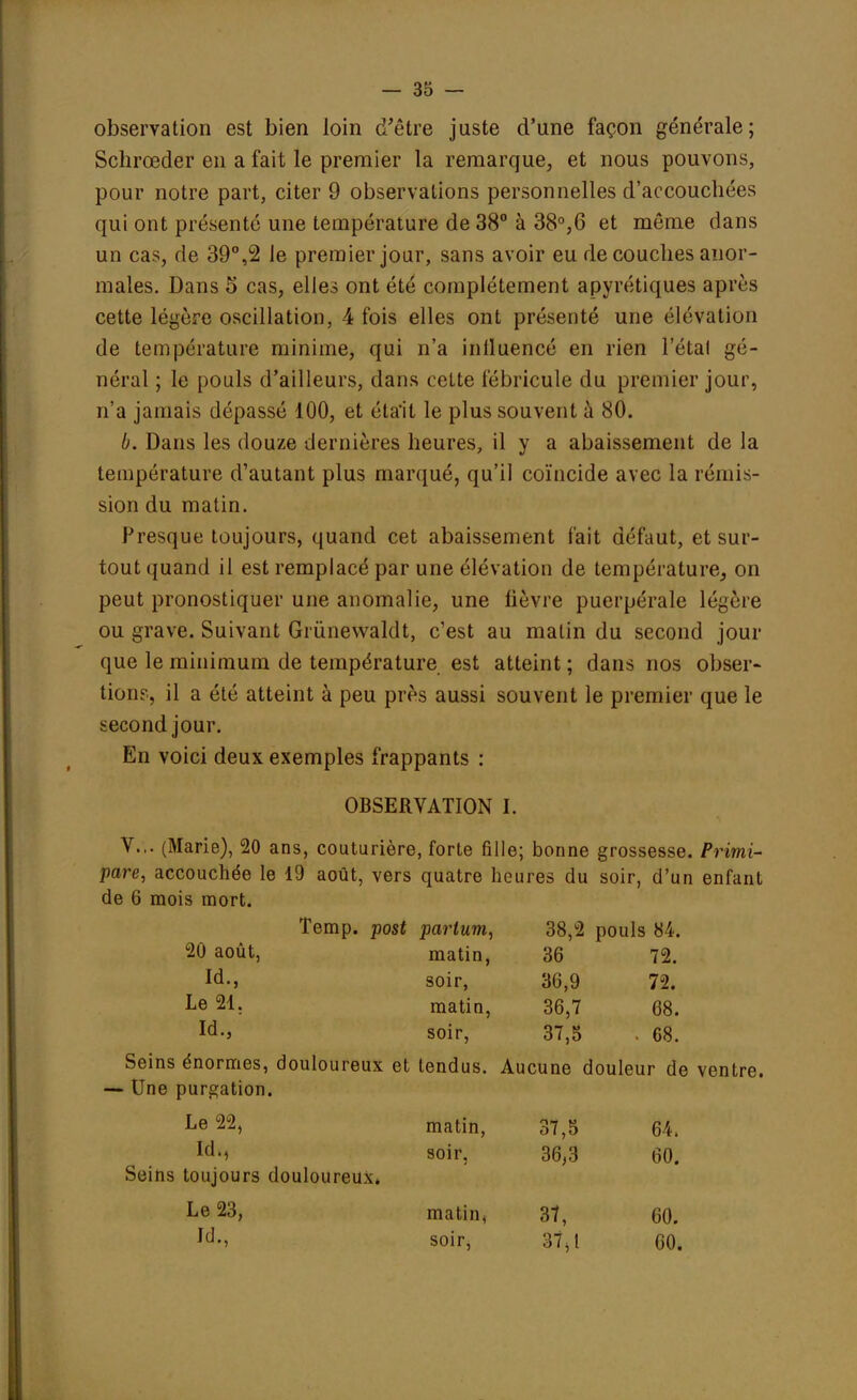 observation est bien loin d'être juste d'une façon générale; Schrœder en a fait le premier la remarque, et nous pouvons, pour notre part, citer 9 observations personnelles d'accouchées qui ont présenté une température de 38° à 38°,6 et même dans un cas, de 39°,2 le premier jour, sans avoir eu de couches anor- males. Dans 5 cas, elles ont été complètement apyrétiques après cette légère oscillation, 4 fois elles ont présenté une élévation de température minime, qui n'a inlluencé en rien l'état gé- néral ; le pouls d'ailleurs, dans cette fébricule du premier jour, n'a jamais dépassé 100, et était le plus souvent à 80. b. Dans les douze dernières heures, il y a abaissement de la température d'autant plus marqué, qu'il coïncide avec la rémis- sion du matin. Presque toujours, quand cet abaissement fait défaut, et sur- tout quand il est remplacé par une élévation de température, on peut pronostiquer une anomalie, une fièvre puerpérale légère ou grave. Suivant Gi ùnewaldt, c'est au matin du second jour que le minimum de température est atteint ; dans nos obser- tionr, il a été atteint à peu près aussi souvent le premier que le second jour. En voici deux exemples frappants : OBSERVATION I. V... (Marie), 20 ans, couturière, forte fille; bonne grossesse. Primi- pare, accouchée le 19 août, vers quatre heures du soir, d'un enfant de 6 mois mort. Temp. post parlum, 38,2 pouls 84. 20 août, matin, 36 72. Id., soir, 36,9 72. Le 21. matin, 36,7 68. Id., soir, 37,5 68. Seins énormes, douloureux et tendus. Aucune douleur de ventre. — Une purgation. Le 22, matin, 37,5 64. IdM soir, 36,3 60. Seins toujours douloureux. Le 23, matin, 3t, 60. U-, soir, 37>t 60.
