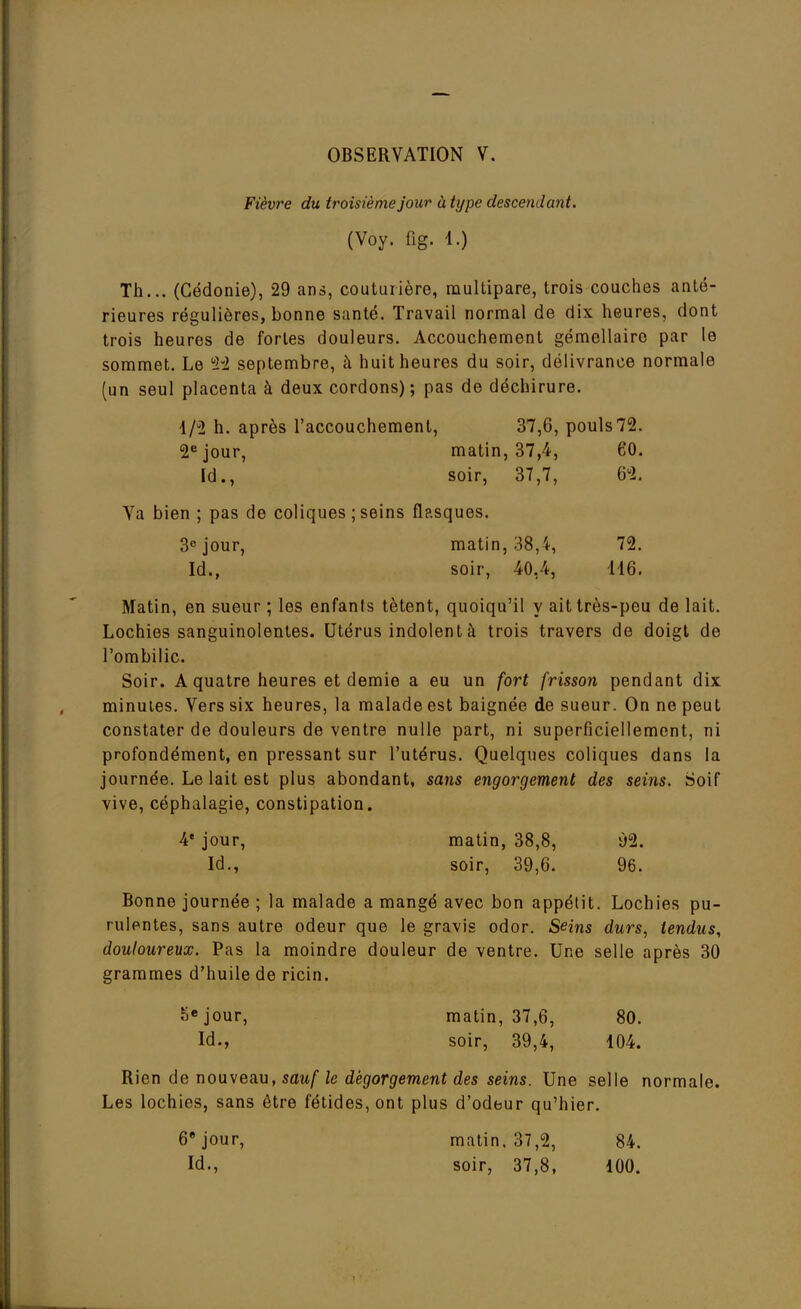 Fièvre du troisième jour à type descendant. (Voy. fig. 1.) Th... (Gédonie), 29 ans, couturière, multipare, trois couches anté- rieures régulières, bonne santé. Travail normal de dix heures, dont trois heures de fortes douleurs. Accouchement gémellaire par le sommet. Le 22 septembre, à huit heures du soir, délivrance normale (un seul placenta à deux cordons); pas de déchirure. 1/2 h. après l'accouchement, 37,6, pouls72. 2e jour, matin, 37,4, 60. Id., soir, 37,7, 62. Va bien ; pas de coliques ; seins flasques. 3e jour, matin, 38, '*, 72. Id., soir, 40.4, 116. Matin, en sueur ; les enfants tètent, quoiqu'il y ait très-peu de lait. Lochies sanguinolentes. Utérus indolent à trois travers de doigt de l'ombilic. Soir. A quatre heures et demie a eu un fort frisson pendant dix minutes. Vers six heures, la malade est baignée de sueur. On ne peut constater de douleurs de ventre nulle part, ni superficiellement, ni profondément, en pressant sur l'utérus. Quelques coliques dans la journée. Le lait est plus abondant, sans engorgement des seins. Soif vive, céphalagie, constipation. 4e jour, matin, 38,8, 02. Id., soir, 39,6. 96. Bonne journée ; la malade a mangé avec bon appétit. Lochies pu- rulentes, sans autre odeur que le gravis odor. Seins durs, tendus, douloureux. Pas la moindre douleur de ventre. Une selle après 30 grammes d'huile de ricin. 5e jour, matin, 37,6, 80. Id., soir, 39,4, 104. Rien de nouveau, sauf le dégorgement des seins. Une selle normale. Les lochies, sans être fétides, ont plus d'odeur qu'hier. 6e jour, matin. 37,2, 84. Id., soir, 37,8, 100.