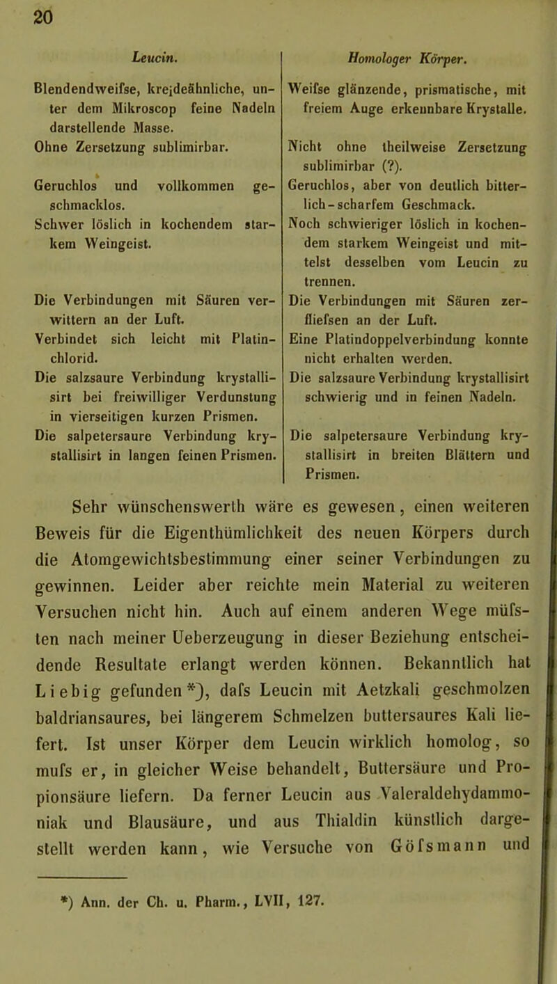 Leucin. Blendendweifse, krejdeähnliche, un- ter dem Mikroscop feine Nadeln darstellende Masse. Ohne Zersetzung sublimirbar. Geruchlos und vollkommen ge- schmacklos. Schwer löslich in kochendem star- kem Weingeist. Die Verbindungen mit Sfiuren ver- wittern an der Luft. Verbindet sich leicht mit Platin- chlorid. Die salzsaure Verbindung krystalli- sirt bei freiwilliger Verdunstung in vierseitigen kurzen Prismen. Die salpetersaure Verbindung kry- stallisirt in langen feinen Prismen. Homologer Körper. Weifse glänzende, prismatische, mit freiem Auge erkennbare Krystalle. Nicht ohne theilweise Zersetzung sublimirbar (?). Geruchlos, aber von deutlich bitter- lich-scharfem Geschmack. Noch schwieriger löslich in kochen- dem starkem Weingeist und mit- telst desselben vom Leucin zu trennen. Die Verbindungen mit Säuren zer- fliefsen an der Luft. Eine Platindoppelverbindung konnte nicht erhalten werden. Die salzsaure Verbindung krystallisirt schwierig und in feinen Nadeln. Die salpetersaure Verbindung kry- stallisirt in breiten Blättern und Prismen. Sehr wünschenswerlh wäre es gewesen, einen weiteren Beweis für die Eigenthümliclikeit des neuen Körpers durch die Atomgewiclitsbestimmung einer seiner Verbindungen zu gewinnen. Leider aber reichte mein Material zu weiteren Versuchen nicht hin. Auch auf einem anderen Wege müfs- len nach meiner Ueberzeugung in dieser Beziehung entschei- dende Resultate erlangt werden können. Bekanntlich hat Liebig gefunden*), dafs Leucin mit Aetzkali geschmolzen baldriansaures, bei längerem Schmelzen buttersaures Kali lie- fert. Ist unser Körper dem Leucin wirklich homolog, so mufs er, in gleicher Weise behandelt, Buttersäure und Pro- pionsäure liefern. Da ferner Leucin aus Valeraldehydammo- niak und Blausäure, und aus Thialdin künstlich darge- stellt werden kann, wie Versuche von Göfsmann und