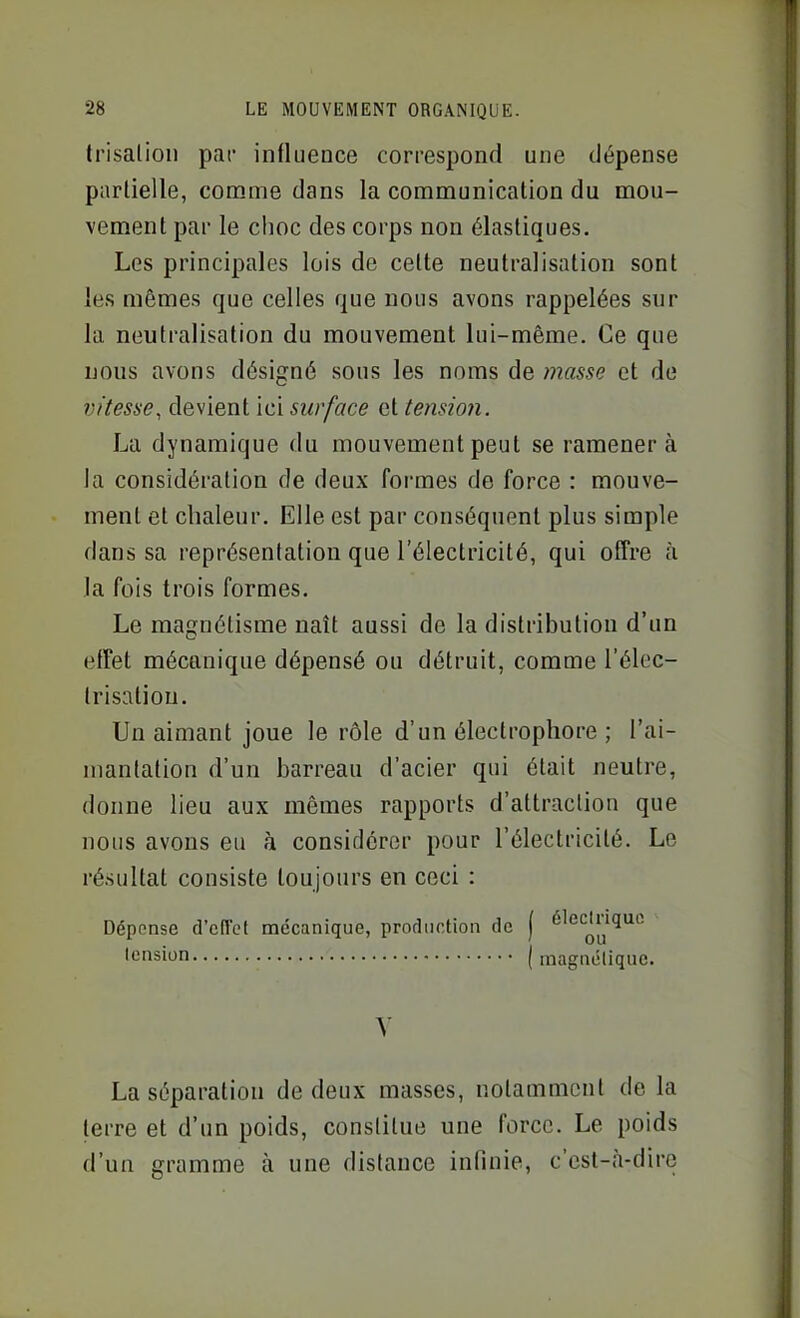 trisalion par influeDce correspond une dépense partielle, comme dans la communication du mou- vement par le choc des corps non élastiques. Les principales lois de cette neutralisation sont les mêmes que celles que nous avons rappelées sur la neutralisation du mouvement lui-même. Ce que nous avons désigné sous les noms de masse et de vitesse, devient ici surface et tension. La dynamique du mouvement peut se ramènera la considération de deux formes de force : mouve- ment et chaleur. Elle est par conséquent plus simple dans sa représentation que l'électricité, qui offre à la fois trois formes. Le magnétisme naît aussi de la distribution d'un effet mécanique dépensé ou détruit, comme l'élec- trisatiou. Un aimant joue le rôle d'un électrophore ; l'ai- mantation d'un barreau d'acier qui était neutre, donne lieu aux mêmes rapports d'attraction que nous avons eu à considérer pour l'électricité. Le résultat consiste toujours en ceci : Dépense d'cfTcl mécanique, production de [ élecUuquc tension ( magaétiquc. Y La séparation de deux masses, notamment de la terre et d'un poids, constitue une force. Le poids d'un gramme à une distance infinie, c'est-(à-dire