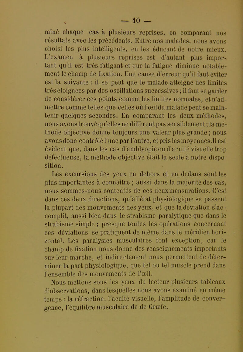 rainé chaque cas à plusieurs reprises, en comparant nos résultats avec les précédents. Entre nos malades, nous avons choisi les plus intelligents, en les éducant de notre mieux. L'examen à plusieurs reprises est d'autant plus impor- tant qu'il est très fatigant et que la fatigue diminue nolable- ment le champ de fixation. Une cause d'erreur qu'il faut éviter est la suivante : il se peut que le malade atteigne des limites très éloignées par des oscillations successives ; il faut se garder de considérer ces points comme les limites normales, et n'ad- mettre comme telles que celles où l'œil du malade peut se main- tenir quelques secondes. En comparant les deux méthodes, nous avons trouvé qu'elles ne diffèrent pas sensiblement ; la mé- thode objective donne toujours une valeur plus grande ; nous avons donc contrôlé l'une par l'autre, et pris les moyennes.Il est évident que, dans les cas d'amblyopie ou d'acuité visuelle trop défectueuse, la méthode objective était la seule à notre dispo- sition. Les excursions des yeux en dehors et en dedans sont les plus importantes à connaître ; aussi dans la majorité des cas, nous sommes-nous contentés de ces deuxmensurations. C'est dans ces deux directions, qu'à l'état physiologique se passent la plupart des mouvements des yeux, et que la déviation s'ac- complit, aussi bien dans le strabisme paralytique que dans le strabisme simple ; presque toutes les opérations concernant ces déviations se pratiquent de même dans le méridien hori- zontal. Les paralysies musculnires font exception, car le champ de fixation nous donne des renseignements importants sur leur marche, et indirectement nous permettent de déter- miner la part physiologique, que tel ou tel muscle prend dans l'ensemble des mouvements de l'œil. Nous mettons sous les yeux du lecteur plusieurs tableaux d'observations, dans lesquelles nous avons examiné en môme temps : la réfraction, l'acuité visuelle, l'amplitude de conver- gence, l'équilibre musculaire de de Graefe.