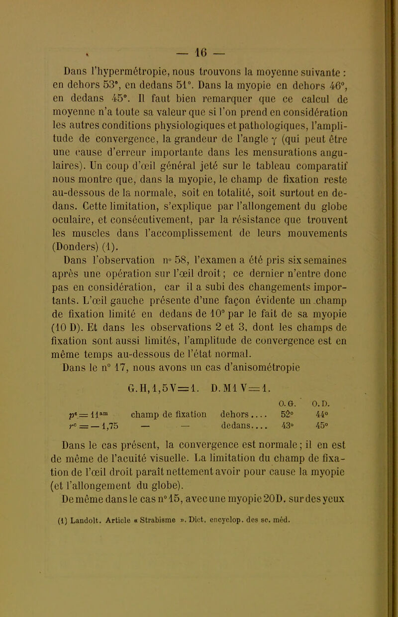 Dans l'hypermétropie, nous trouvons la moyenne suivante : en dehors 53, en dedans 51°. Dans la myopie en dehors 46°, en dedans 45°. Il faut bien remarquer que ce calcul de moyenne n'a toute sa valeur que si l'on prend en considération les autres conditions physiologiques et pathologiques, l'ampli- tude de convergence, la grandeur de l'angle y (qui peut être une cause d'erreur importante dans les mensurations angu- laires). Un coup d'œil général jeté sur le tableau comparatif nous montre que, dans la myopie, le champ de fixation reste au-dessous de la normale, soit en totalité, soit surtout en de- dans. Cette limitation, s'explique par l'allongement du globe oculaire, et consécutivement, par la résistance que trouvent les muscles dans l'accomplissement de leurs mouvements (Donders) (1). Dans l'observation n° 58, l'examen a été pris six semaines après une opération sur l'œil droit ; ce dernier n'entre donc pas en considération, car il a subi des changements impor- tants. L'œil gauche présente d'une façon évidente unxhamp de fixation Umité en dedans de 10° par le fait de sa myopie (10 D). Et dans les observations 2 et 3, dont les champs de fixation sont aussi limités, l'amplitude de convergence est en même temps au-dessous de l'état normal. Dans le n° 17, nous avons un cas d'anisométropie G.H,1,5V=1. D.Ml V=:l. G. G. ' O.D. pc—ijam champ de fixation dehors.... 52° 44° r'== —1,75 — — dedans.... 43° 45° Dans le cas présent, la convergence est normale ; il en est de même de l'acuité visuelle. La limitation du champ de fixa- tion de l'œil droit paraît nettement avoir pour cause la myopie (et l'allongement du globe). De môme dans le cas n°15, avec une myopie 20D. sur des yeux (1) Landolt. Article « Strabisme ». Dict. encyclop. des se. méd.