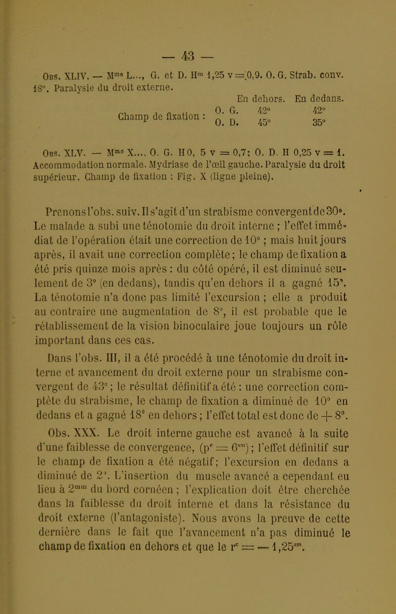 Obs. XLIV. — M-» L..., G. et D. H-^ 1,25 v=;0,9. 0. G. Strab. conv. 18. Paralysie du droit externe. En dehors. En dedans. 0 G 4^° 42° Champ de fixation : ^'^ ^50 Obs. XLV. — M»° X..., 0. G. H 0, 5 v = 0,7; 0. D. H 0,25 v = 1. Accommodation normale. Mydriase de l'oeil gauche. Paralysie du droit supérieur. Champ de fixation : Fig. X (ligne pleine). Prenons l'obs. suiv. Il s'agit d'un strabisme convergent deSO*». Le malade a subi uneténotomie du droit interne ; l'effet immé- diat de l'opération était une correction de 10° ; mais huit jours après, il avait une correction complète; le champ de fixation a été pris quinze mois après : du côté opéré, il est diminué seu- lement de 3° (en dedans), tandis qu'en dehors il a gagné 15\ La ténotomie n'a donc pas limité l'excursion ; elle a produit au contraire une augmentation de 8°, il est probable que le rétablissement de la vision binoculaire joue toujours un rôle important dans ces cas. Dans l'obs. III, il a été procédé à une ténotomie du droit in- terne et avancement du droit externe pour un strabisme con- vergent de 43 ; le résultat définitif a été : une correction com- plète du strabisme, le champ de fixation a diminué de 10 en dedans et a gagné 18° en dehors ; l'effet total est donc de + 8°. Obs. XXX. Le droit interne gauche est avancé à la suite d'une faiblesse de convergence, (p ~ ô) ; l'effet définitif sur le champ de fixation a été négatif; l'excursion en dedans a diminué de 2. L'insertion du muscle avancé a cependant eu lieu à 2™' du bord cornéen ; l'explication doit être cherchée dans la faiblesse du droit interne et dans la résistance du droit externe (l'antagoniste). Nous avons la preuve de cette dernière dans le fait que l'avancement n'a pas diminué le champ de fixation en dehors et que le r' = —1,25'.