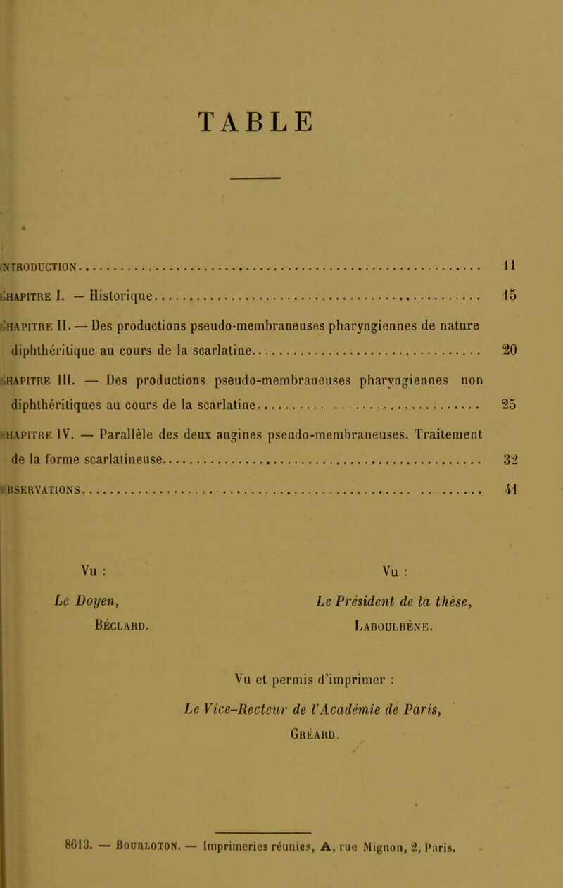 TABLE NTRODUCTION H Ihapitre I. — Historique 15 Chapitre II. — Des productions pseudo-membraneuses pharyngiennes de nature diplithéritique au cours de la scarlatine 20 îiHAPiTRE m. — Des productions pseudo-membraneuses pharyngiennes non diphthéritiques au cours de la scarlatine 25 HHAPITRE IV. — Parallèle des deux angines pseudo-membraneuses. Traitement de la forme scarlatineuse 32 tBSERVATIONS 41 Vu : Vu : Le Doyen, Le Président de la thèse, BÉCLARD. LaBOULBÈNE. Vu et permis d'imprimer : Le Vice-Recteur de l'Académie de Paris, Gréârd. 8613. — BOURLOTON. — Imprimeries réunies, A, rue Mignon, 2, Paris.