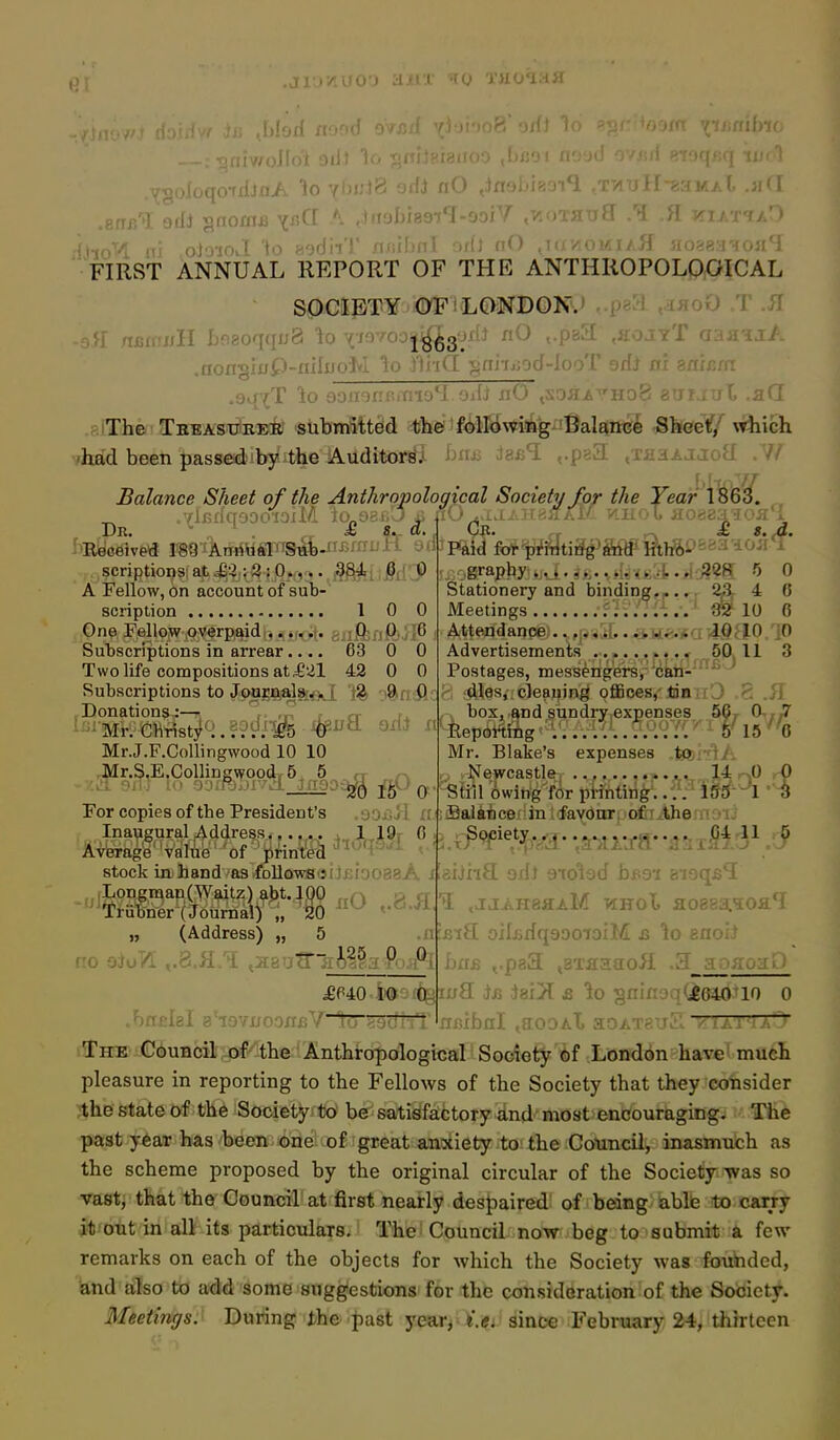 Ailed II jniv/ollo'i 9iH Y§oJoqo'rxI}flA lo ill nO ,Jflalji8Ji*l ^TViiiH-gaMAG .Ji(i \\WA !ti o]'i-jo>T 'l'^ y')r\r,-'- i. if.iiT •,(11 f ' , ■.f.)>;^ r(OJl'r •FIRST ANNUAL REPORT OF THE ANTHROPOLp^lCAL -n nrA.'ulI I)f!8oqqu8 lo'^/oyooj^g'jxb nO ,.pz3i ,aojYT fT?ffijA .nongiuP-fliliJoM lo TiriQ :oni-rj;oJ-IooT ad^ xi .sj'^T lo eoa^nBitiio^l oili nO ,soflAYHo8 auiJuC .ad .ajThe TbeasueeIi submitted the following Balance Shcetf/ which 'had been passediby the Auditor^ji i)iii> Ja^i'l ,iiidAjaoci . ^/ Balance Sheet of the Anthropological Society for the Year ^ scriptions; ajt. =^'.J,v^ ; 0,,, • • i. At .P A Fellow, on account of sub- scription 1 0 0 One F,ello;w pverp,aidr,>i.,*>|. aa^biiPj 'i 'fi Subscriptions in arrear.... 63 0 0 Two life compositions at^21 42 0 0 Subscriptions to JcwajSBj^aoJ. 1^ :^t\S>L: Donations.:— ,n ,- rr i. ^:^iMr.C1iristj>^;.f?Jjli #^3 ^'^ ^' Mr.J.F.CoUingwood 10 10 ,,^r.S.E,Collin^oo^5^^^ ^ For copies of the President's .aOjjjl n Stationery and binding.^.,. ^46 Meetings .';....-...' 62f 10 6 Attendance .. .j^sSt .^He«o 4Q< 10 jO Advertisements ........ . .^ 50> 11 3 Postages, messengersr cati-^'^^ ' ;^les,-. cleaning oflBces,-tin : fO ,8 .51 , box, and sundry expenses 56, OrrS kevSmg 'V... i V...; If■ ^ s'^is^'o Mr. Blake's expenses ,tst)i-'\l. ;iBalaticei;in i-favoor, of;:^lhe nou Inaugural Address, .. . .„l,49r 6 .> ^Mietv.v;j. .^.^...^j,..^^ fi4rll ,^ Average'value 'of linnM'^^f^^'^ ' . ,aTtlJa a^JSl. J stock in hand as follows 51 J£i3088A i aiihSL od) atolad b^Q-i Bioqs*! ,Longraan(Waitz) abt.lQO „n £> <T %uhner (Journal) „ 20 '-^^ „ (Address) „ 5 .n 1 ,jjAH8aAM WHoL aoe8a.5oa*I IbiS oilfidqsooToiM a lo enoii Iini5 ^.paa tSTsaaoH .3 aogoa> ^P40-iiOiOitgii;8[ l£ Jai^ £ lo §nin3q(J^d(iio 0 The Council of the Anthropological Society of London have' much pleasure in reporting to the Fellows of the Society that they consider ■the state of the Society to be satisfactory and-most encouraging. The past year has been one of great anxiety to the Council, inasmuch as the scheme proposed by the original circular of the Society was so vast, that the Council at first nearly despaired of being able to carry it'Otit in all its particulars. The Council now beg to submit a few remarks on each of the objects for which the Society was fouhded, and also to add some suggiestions for the consideration of the Society. Meetings. During the Jiast year> I.e. since February 24, thirteen