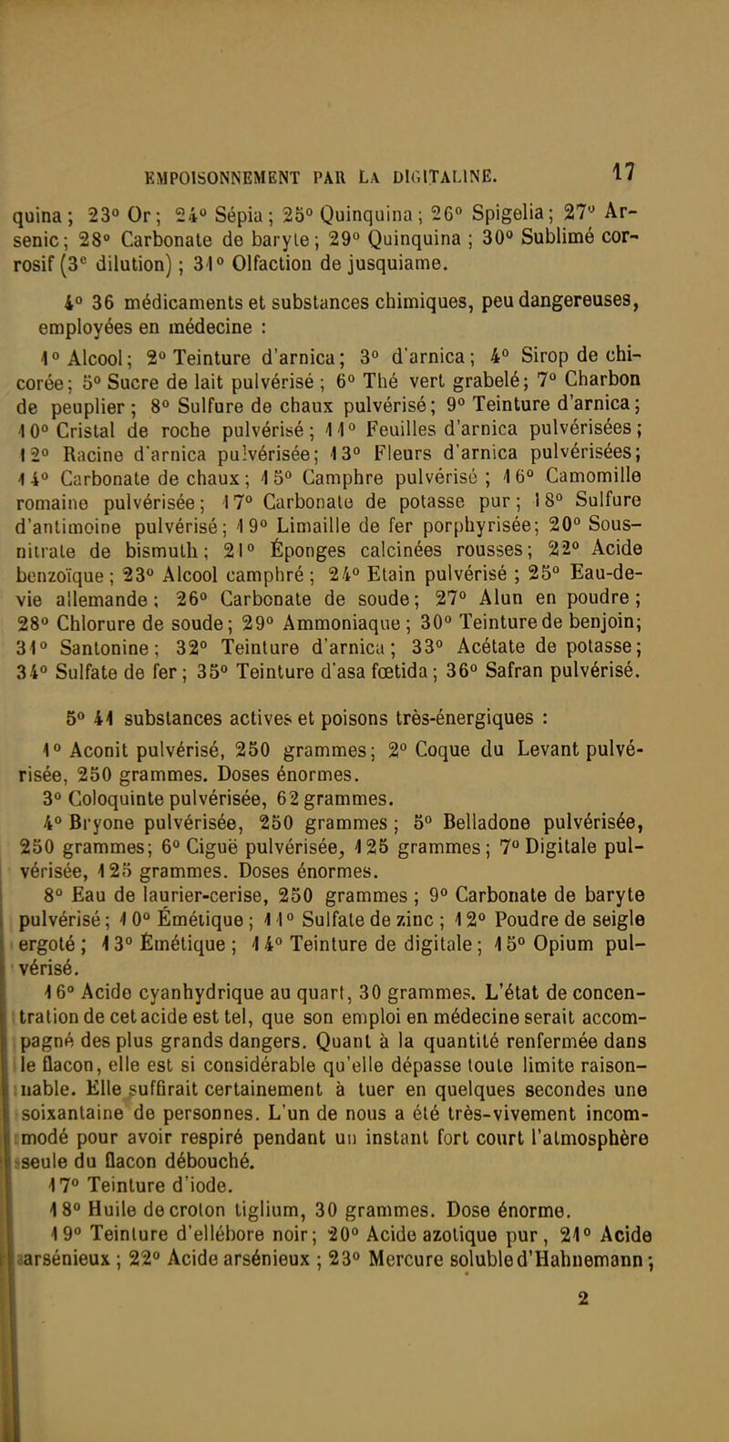 quina; 23° Or; 24« Sépia ; 25° Quinquina ; 26 Spigelia; 27-^ Ar- senic; 28° Carbonate de baryle; 29 Quinquina ; 30° Sublimé cor- rosif (3 dilution) ; 31» Olfaction de jusquiame. 4° 36 médicaments et substances chimiques, peu dangereuses, employées en médecine : 1  Alcool ; 2° Teinture d'arnica ; 3° d'arnica ; 4° Sirop de chi- corée; 5° Sucre de lait pulvérisé ; 6° Thé vert grabelé; 7° Charbon de peuplier; 8° Sulfure de chaux pulvérisé; 9 Teinture d'arnica; 10° Cristal de roche pulvérisé; 11° Feuilles d'arnica pulvérisées; 12° Racine d'arnica pulvérisée; 13° Fleurs d'arnica pulvérisées; 1 4° Carbonate de chaux ; 1 5° Camphre pulvérisé ; 16° Camomille romaine pulvérisée; 17° Carbonate de potasse pur; 18° Sulfure d'antimoine pulvérisé; 19° Limaille de fer porphyrisée; 20° Sous- niirale de bismuth; 21° Éponges calcinées rousses; 22° Acide benzoïque; 23° Alcool camphré ; 24° Elain pulvérisé ; 25° Eau-de- vie allemande; 26° Carbonate de soude; 27° Alun en poudre; 28° Chlorure de soude; 29° Ammoniaque; 30° Teinture de benjoin; 31° Santonine; 32° Teinture d'arnica; 33° Acétate de potasse; 34° Sulfate de fer ; 35° Teinture d'asa fœtida ; 36° Safran pulvérisé. 5° 4i substances actives et poisons très-énergiques : 1° Aconit pulvérisé, 250 grammes; 2° Coque du Levant pulvé- risée, 250 grammes. Doses énormes. 3° Coloquinte pulvérisée, 62 grammes. 4° Bryone pulvérisée, 250 grammes ; 5° Belladone pulvérisée, 250 grammes; 6° Ciguë pulvérisée^ 125 grammes; 7° Digitale pul- vérisée, 125 grammes. Doses énormes. 8° Eau de laurier-cerise, 250 grammes ; 9° Carbonate de baryte pulvérisé ; 1 0° Éméiique ; 11 ° Sulfate de zinc ; 12° Poudre de seigle ' ergoté ; 13° Èmétique ; 14° Teinture de digitale ; 15° Opium pul- vérisé. 16° Acide cyanhydrique au quart, 30 grammes. L'état de concen- tration de cet acide est tel, que son emploi en médecine serait accom- pagné des plus grands dangers. Quant à la quantité renfermée dans le Qacon, elle est si considérable qu'elle dépasse toute limite raison- uable. Elle suffirait certainement à tuer en quelques secondes une soixantaine de personnes. L'un de nous a été très-vivement incom- tmodé pour avoir respiré pendant un instant fort court l'atmosphère iseule du Qacon débouché. 17° Teinture d'iode. 18° Huile decrolon tiglium, 30 grammes. Dose énorme, 19° Teinlure d'ellébore noir; 20° Acide azotique pur, 21° Acide larsénieux ; 22° Acide arsénieux ; 23° Mercure solubled'Hahnemann-, 2