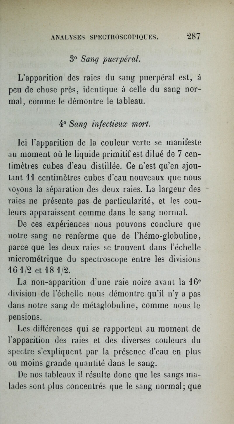 3° Sang puerpéral. L'apparition des raies du sang puerpéral est, à peu de chose prés, identique à celle du sang nor- mal, confime le démontre le tableau. 4^ Sang infectieux mort. Ici l'apparition de la couleur verte se manifeste au moment où le liquide primitif est dilué de 7 cen- timètres cubes d'eau distillée. Ce n'est qu'en ajou- tant 11 centimètres cubes d'eau nouveaux que nous voyons la séparation des deux raies. La largeur des - raies ne présente pas de particularité, et les cou- leurs apparaissent comme dans le sang normal. De ces expériences nous pouvons conclure que notre sang ne renferme que de l'hémo-globuline, parce que les deux raies se trouvent dans l'échelle micrométrique du spectroscope entre les divisions 161/2 et 18 1/2. La non-apparition d'une raie noire avant la 16® division de l'échelle nous démontre qu'il n'y a pas dans notre sang de métaglobuline, comme nous le pensions. Les différences qui se rapportent au moment de l'apparition des raies et des diverses couleurs du spectre s'expliquent par la présence d'eau en plus ou moins grande quantité dans le sang. De nos tableaux il résulte donc que les sangs ma- lades sont plus concentrés que le sang normal; que