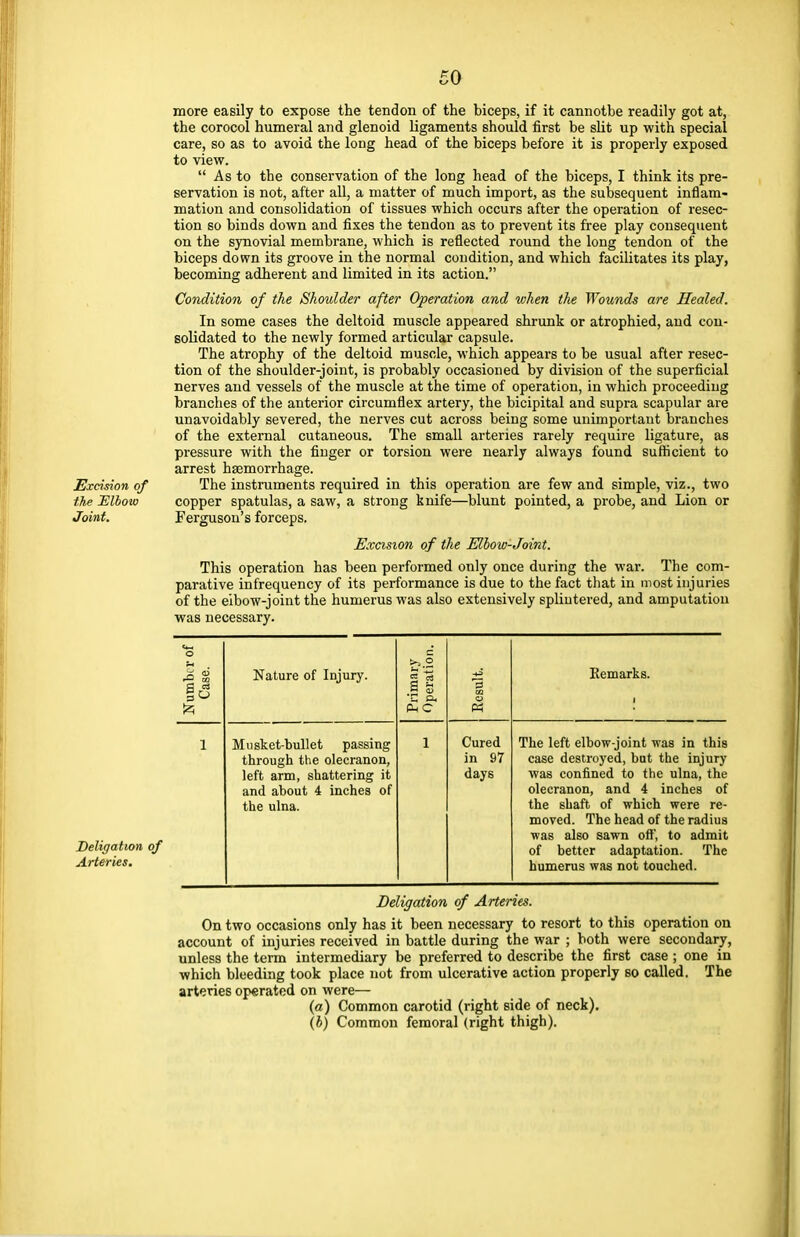 more easily to expose the tendon of the biceps, if it cannotbe readily got at, the corocol humeral and glenoid ligaments should first be slit up with special care, so as to avoid the long head of the biceps before it is properly exposed to view. As to the conservation of the long head of the biceps, I think its pre- servation is not, after all, a matter of much import, as the subsequent inflam- mation and consolidation of tissues which occurs after the operation of resec- tion so binds down and fixes the tendon as to prevent its free play consequent on the synovial membrane, which is reflected round the long tendon of the biceps down its groove in the normal condition, and which facilitates its play, becoming adherent and limited in its action. Condition of the Shoulder after Operation and when the Wounds are Healed. In some cases the deltoid muscle appeared shrunk or atrophied, and con- solidated to the newly formed articular capsule. The atrophy of the deltoid muscle, which appears to be usual after resec- tion of the shoulder-joint, is probably occasioned by division of the superficial nerves and vessels of the muscle at the time of operation, in which proceeding branches of the anterior circumflex artery, the bicipital and supra scapular are unavoidably severed, the nerves cut across being some unimportant branches of the external cutaneous. The small arteries rarely require ligature, as pressure with the finger or torsion were nearly always found sufficient to arrest haemorrhage. Excision of The instruments required in this operation are few and simple, viz., two the Elbow copper spatulas, a saw, a strong knife—blunt pointed, a probe, and Lion or Joint. Ferguson's forceps. Excision of the Elbow-Joint. This operation has been performed only once during the war. The com- parative infrequency of its performance is due to the fact that in most injuries of the eibow-joint the humerus was also extensively splintered, and amputation was necessary. Number of Case. Nature of Injury. Primary Operation. Result. Remarks, i Deligatwn of Arteries. 1 Musket-bullet passing through the olecranon, left arm, shattering it and about 4 inches of the ulna. 1 Cured in 97 days The left elbow-joint was in this case destroyed, but the injury was confined to the ulna, the olecranon, and 4 inches of the shaft of which were re- moved. The head of the radius was also sawn off', to admit of better adaptation. The humerus was not touched. Deligation of Arteries. On two occasions only has it been necessary to resort to this operation on account of injuries received in battle during the war ; both were secondary, unless the term intermediary be preferred to describe the first case ; one in which bleeding took place not from ulcerative action properly so called. The arteries operated on were— (a) Common carotid (right side of neck). (5) Common femoral (right thigh).