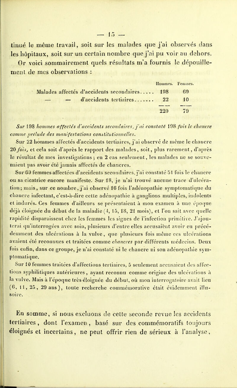 l'mué le même travail, soit sur les malades que j'ai observés dans les hôpitaux, soit sur un certain nombre que j'ai pu voir au dehors. Or voici sommairement quels résidtats m'a fournis le dépouille- ment de mes observations : Hommes. Femmes. Malades affectés d'acciclenls secondaires 198 69 — — d'accidents tertiaires....... 22 10 220 79 Sur !98 hommes affectes d'accidents secondaires, j'ai constaté 198 fois le chancre comme prchidc des manifestations constitutionnelles. Sur 22 hommes affectés d'accidents tertiaires, j'ai observe de même le chancre 20 foisj et cela soit d'après le rapport des malades, soit, pins rarement, d'après le résultat de mes investigations ; en 2 cas seulement, les malades ne se souvc- Baient pas avoir été jamais affectés de chancres. Sur G9 femmes affectées d'accidents secondaires, j'ai constaté 51 fois le chancre ou sa cicatrice encore manifeste. Sur 18, je n'ai trouvé aucune trace d'ulcéra- tion; mais, sur ce nombre, j'ai observé 16 fois l'adénopathie symptomatique du chancre infectant, c'est-à-dire cette adénopathie à ganglions multiples, indolents et indurés. Ces femmes d'ailleurs se présentaient à mon examen à une éporjue déjà éloignée du début de la maladie (4, 1.5, 18, 21 mois), et l'on sait avec quelle rapidité disparaissent chez les femmes les signes de l'infection primitive. J'ajou- terai (ju'interrogées avec soin, plusieurs d'entre elles accusaient avoir eu |)récé- demment des ulcérations à la vulve, que plusieurs fois même ces ulcérations avaient été reconnues et traitées comme chancres par différents médecins. Deux fois enfin, dans ce groupe, je n'ai constaté ni le chancre ni son adénopathie sym- ptomatique. Sur 10 femmes traitées d'affections tertiaires, 5 seulement accusaient des al'fec- lioiis syphilitiques antérieures, ayant reconnu comme origine des ulcéiations à la vulve. Mais à l'époque très éloignée du début, où mon interrogatoire avait lieu (6, il, 25, 29 ans), toute recherche commémorative était évidemment illu- soire. En somme, si nous excluons de celte seconde revue les accidents tertiaires, dont l'examen, basé sur des commémoratifs toujours éloignés et incertains, ne peut offrir rien de sérieux à l'analyse,