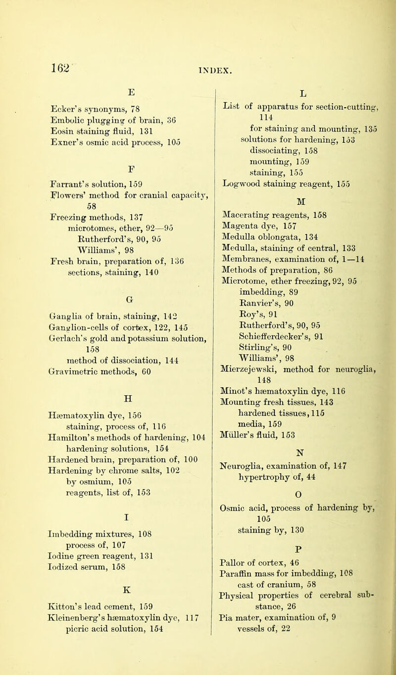 E Ecker's synonyms, 78 Embolic pluggiua: of brain, 36 Eosiii staining fluid, 131 Exner's osmic acid process, 105 F Tarrant's solution, 159 Elowers' method for cranial capacity, 58 Freezing methods, 137 microtomes, ether, 92—95 Rutherford's, 90, 95 Williams', 98 Fresh brain, preparation of, 136 sections, staining, 140 G Ganglia of brain, staining, 142 Ganglion-cells of coi-tex, 122, 145 Gerlach's gold and potassium solution, 158 method of dissociation, 144 Gravimetric methods, 60 H Hsematoxylin dye, 156 staining, process of, 116 Hamilton's methods of hardening, 104 hardening solutions, 154 Hardened brain, preparation of, 100 Hardening by chrome salts, 102 by osmiiun, 105 reagents, list of, 153 I Imbedding mixtures, 108 process of, 107 Iodine green reagent, 131 Iodized semm, 158 K Kitten's lead cement, 159 Kleinenberg's haematoxylin dye, 117 picric acid solution, 154 L List of apparatus for section-cutting, 114 for staining and mounting, 135 solutions for hardening, 153 dissociating, 158 mounting, 159 staining, 155 Logwood staining reagent, 155 M Macerating reagents, 158 Magenta dye, 157 Medulla oblongata, 134 Medulla, staining of central, 133 Membranes, examination of, 1—14 Methods of preparation, 86 Microtome, ether freezing, 92, 95 imbedding, 89 Ranvier's, 90 Roy's, 91 Rutherford's, 90, 95 Schieft'erdecker's, 91 Stirling's, 90 Williams', 98 Mierzejewski, method for neuroglia, 148 Minot's hsematoxylin dye, 116 Mounting fresh tissues, 143 hardened tissues, 115 media, 159 Muller's fluid, 163 N Neuroglia, examination of, 147 hypertrophy of, 44 O Osmic acid, process of hardening by, 105 staining by, 130 P Pallor of cortex, 46 Paraffin mass for imbedding, 108 cast of cranium, 58 Physical properties of cerebral sub- stance, 26 Pia mater, examination of, 9 vessels of, 22