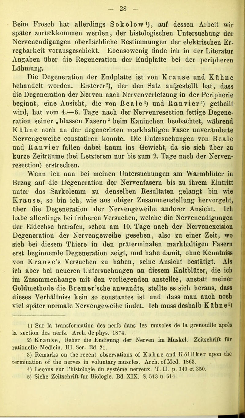 Beim Frosch hat allerdings Sokolow1), auf dessen Arbeit wir später zurückkommen werden, der histologischen Untersuchung der Nervenendigungen oberflächliche Bestimmungen der elektrischen Er- regbarkeit vorausgeschickt. Ebensowenig finde ich in der Literatur Angaben über die Regeneration der Endplatte bei der peripheren Lähmung. Die Degeneration der Endplatte ist von Krause und Kühne behandelt worden. Ersterer2), der den Satz aufgestellt hat, dass die Degeneration der Nerven nach Nervenverletzung in der Peripherie beginnt, eine Ansicht, die von Beale3) und Ran vier4) getheilt wird, hat vom 4.—6. Tage nach der Nervenresection fettige Degene- ration seiner „ blassen Fasern “ beim Kaninchen beobachtet, während Kühne noch an der degenerirten markhaltigen Faser unveränderte Nervengeweihe constatiren konnte. Die Untersuchungen von Beale und Ran vier fallen dabei kaum ins Gewicht, da sie sich über zu kurze Zeiträume (bei Letzterem nur bis zum 2. Tage nach der Nerven- resection) erstrecken. Wenn ich nun bei meinen Untersuchungen am Warmblüter in Bezug auf die Degeneration der Nervenfasern bis zu ihrem Eintritt unter das Sarkolemm zu denselben Resultaten gelangt bin wie Krause, so bin ich, wie aus obiger Zusammenstellung hervorgeht, über die Degeneration der Nervengeweihe anderer Ansicht. Ich habe allerdings bei früheren Versuchen, welche die Nervenendigungen der Eidechse betrafen, schon am 10. Tage nach der Nervenexcision Degeneration der Nervengeweihe gesehen, also zu einer Zeit, wo sich bei diesem Thiere in den präterminalen markhaltigen Fasern erst beginnende Degeneration zeigt, und habe damit, ohne Kenntniss von Krause’s Versuchen zu haben, seine Ansicht bestätigt. Als ich aber bei neueren Untersuchungen an diesem Kaltblüter, die ich im Zusammenhänge mit den vorliegenden anstellte, anstatt meiner Goldmethode die Bremer'sehe anwandte, stellte es sich heraus, dass dieses Verhältniss kein so constantes ist und dass man auch noch viel später normale Nervengeweihe findet. Ich muss deshalb Kühne5) 1) Sur la transformation des nerfs dans les muscles de la grenouille apres la section des nerfs. Arch.dephys. 1874. 2) Krause, Ueber die Endigung der Nerven im Muskel. Zeitschrift für rationelle Medicin. III. Ser. Bd. 21. 3) Remarks on the recent observations of Kühne and Kölliker upon the termination of the nerves in voluntary muscles. Arch. ofMed. 1863. 4) Legons sur l’histologie du Systeme nerveux. T. II. p. 349 et 350. 5) Siehe Zeitschrift für Biologie. Bd. XIX. S. 513 u. 514.