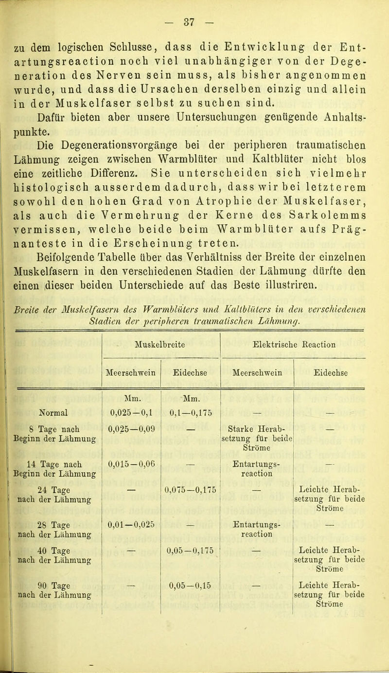 zu dem logischen Schlüsse, dass die Entwicklung der Ent- artungsreaction noch viel unabhängiger von der Dege- neration des Nerven sein muss, als bisher angenommen wurde, und dass die Ursachen derselben einzig und allein in der Muskelfaser selbst zu suchen sind. Dafür bieten aber unsere Untersuchungen genügende Anhalts- punkte. Die Degenerationsvorgänge bei der peripheren traumatischen Lähmung zeigen zwischen Warmblüter und Kaltblüter nicht blos eine zeitliche Differenz. Sie unterscheiden sich vielmehr histologisch ausserdem dadurch, dass wir bei letzterem sowohl den hohen Grad von Atrophie der Muskelfaser, als auch die Vermehrung der Kerne des Sarkolemms vermissen, welche beide beim Warmblüter aufs Präg- nanteste in die Erscheinung treten. Beifolgende Tabelle über das Verhältniss der Breite der einzelnen Muskelfasern in den verschiedenen Stadien der Lähmung dürfte den einen dieser beiden Unterschiede auf das Beste illustriren. Breite der Muskelfasern des Warmblüters und Kaltblüters in den verschiedenen Stadien der peripheren traumatischen Lähmung. Muskelbreite Elektrische Reaction Meerschwein Eidechse Meerschwein Eidechse Mm. Mm. Normal 0,025-0,1 0,1—0,175 — — 8 Tage nach Beginn der Lähmung 0,025—0,09 — Starke Herab- setzung für beide Ströme — 14 Tage nach Beginn der Lähmung 0,015-0,06 — Entartungs- reaction — 24 Tage nach der Lähmung 0,075—0,175 Leichte Herab- setzung für beide Ströme 28 Tage nach der Lähmung 0,01 — 0,025 Entartungs- reaction — 40 Tage nach der Lähmung 0,05—0,175 Leichte Herab- setzung für beide Ströme 90 Tage nach der Lähmung 0,05—0,15  Leichte Herab- setzung für beide Ströme