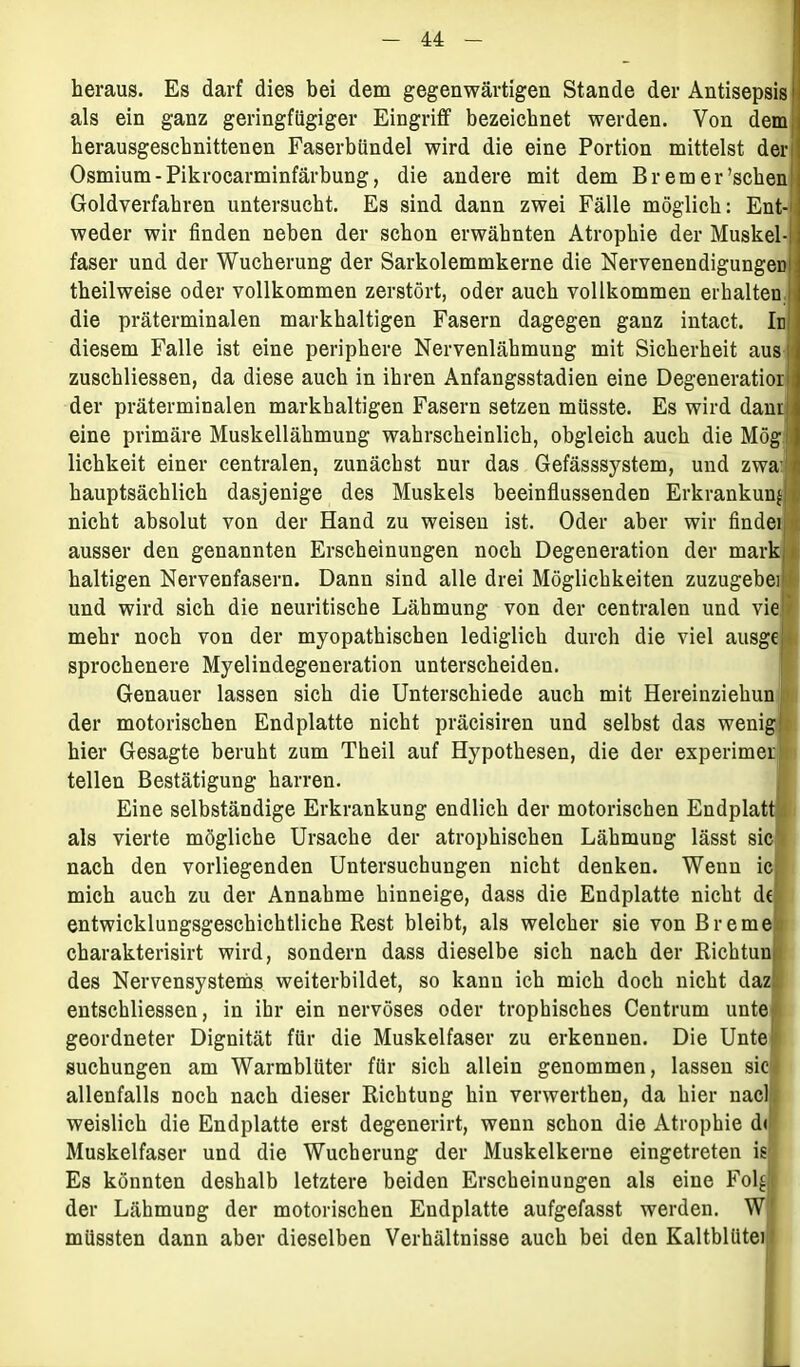 heraus. Es darf dies bei dem gegenwärtigen Stande der Antisepsis als ein ganz geringfügiger Eingriff bezeichnet werden. Von dem herausgeschnittenen Faserbündel wird die eine Portion mittelst der Osmium-Pikrocarminfärbung, die andere mit dem Bremer'sehen Goldverfahren untersucht. Es sind dann zwei Fälle möglich: Ent- weder wir finden neben der schon erwähnten Atrophie der Muskel- faser und der Wucherung der Sarkolemmkerne die Nervenendigungen theilweise oder vollkommen zerstört, oder auch vollkommen erhalten die präterminalen markhaltigen Fasern dagegen ganz intact. In diesem Falle ist eine periphere Nervenlähmung mit Sicherheit aus zuschliessen, da diese auch in ihren Anfangsstadien eine Degeneratior der präterminalen markhaltigen Fasern setzen müsste. Es wird dam eine primäre Muskellähmung wahrscheinlich, obgleich auch die Mög lichkeit einer centralen, zunächst nur das Gefässsystem, und zwa hauptsächlich dasjenige des Muskels beeinflussenden Erkrankung . nicht absolut von der Hand zu weisen ist. Oder aber wir findei ausser den genannten Erscheinungen noch Degeneration der mark: haltigen Nervenfasern. Dann sind alle drei Möglichkeiten zuzugebef und wird sich die neuritische Lähmung von der centralen und vie;' mehr noch von der myopathischen lediglich durch die viel ausge sprochenere Myelindegeneration unterscheiden. Genauer lassen sich die Unterschiede auch mit Hereinziehun der motorischen Endplatte nicht präcisiren und selbst das wenig hier Gesagte beruht zum Theil auf Hypothesen, die der experimer teilen Bestätigung harren. Eine selbständige Erkrankung endlich der motorischen Endplatt als vierte mögliche Ursache der atrophischen Lähmung lässt sic nach den vorliegenden Untersuchungen nicht denken. Wenn ic mich auch zu der Annahme hinneige, dass die Endplatte nicht dt entwicklungsgeschichtliche Rest bleibt, als welcher sie von Breme charakterisirt wird, sondern dass dieselbe sich nach der Richtun des Nervensystems weiterbildet, so kann ich mich doch nicht daz: entschliessen, in ihr ein nervöses oder trophisches Centrum unte^ geordneter Dignität für die Muskelfaser zu erkennen. Die Unte“ Buchungen am Warmblüter für sieb allein genommen, lassen sic allenfalls noch nach dieser Richtung hin verwerthen, da hier nacl weislich die Endplatte erst degenerirt, wenn schon die Atrophie d< Muskelfaser und die Wucherung der Muskelkerne eingetreten is Es könnten deshalb letztere beiden Erscheinungen als eine Folg! der Lähmung der motorischen Endplatte aufgefasst werden. W müssten dann aber dieselben Verhältnisse auch bei den Kaltblüter ;