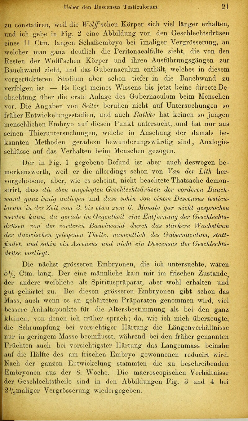 zu constatiren, weil die Wolf sehen Körper sich viel länger erhalten, und ich gebe in Fig, 2 eine Abbildung von den Geschlechtsdrüsen eines 11 Ctm. langen Schafsembryo bei 7maliger Vergrösserung, an welcher man ganz deutlich die Peritonaealfalte sieht, die von den Resten der Wolff’schen Körper und ihren Ausführungsgängen zur Bauchwand zieht, und das Gubernaculum enthält, welches in diesem vorgerückteren Stadium aber schon tiefer in die Bauchwand zu verfolgen ist. — Es liegt meines Wissens bis jetzt keine directe Be- obachtung über die erste Anlage des Gubernaculum beim Menschen vor. Die Angaben von Seiler beruhen nicht auf Untersuchungen so früher Entwickelungsstadien, und auch Ratlike hat keinen so jungen menschlichen Embryo auf diesen Punkt untersucht, .und hat nur aus seinen Thieruntersuchungen, welche in Ansehung der damals be- kannten Methoden geradezu bewunderungswürdig sind, Analogie- schlüsse auf das Verhalten beim Menschen gezogen. Der in Fig. 1 gegebene Befund ist aber auch deswegen be- merkenswerth, weil er die allerdings schon von Van der Litli her- vorgehobene, aber, wie es scheint, nicht beachtete Thatsache dernon- strirt, dass die eben angelegten Geschlechtsdrüsen der vorderen Bauch- wand ganz innig anliegen und dass sohin von einem Descensus testicu- lorum in der Zeit vom 3. bis etwa zum 6. Monate gar nicht gesprochen werden kann, da gerade im Gegentlieil eine Entfernung der Geschlechts- drüsen von der vorderen Bauchwand durch das stärkere Wachsthum der dazwischen gelegenen Theile, namentlich des Gubernacidum, statt- findet, und sohin ein Ascensus und nicht ein Descensus der Geschlechts- drüse vorliegt. Die nächst grösseren Embryonen, die ich untersuchte, waren 5'/„ Ctm. lang. Der eine männliche kam mir im frischen Zustande; der andere weibliche als Spirituspräparat, aber wohl erhalten und gut gehärtet zu. Bei diesen grösseren Embryonen gibt schon das Mass, auch wenn es an gehärteten Präparaten genommen wird, viel bessere Anhaltspunkte für die Altersbestimmung als bei den ganz kleinen, von denen ich früher sprach; da, wie ich mich überzeugte, die Schrumpfung bei vorsichtiger Härtung die Längenverhältnisse nur in geringem Masse beeinflusst, während bei den früher genannten Früchten auch bei vorsichtigster Härtung das Langenmass beinahe auf die Hälfte des am frischen Embryo gewonnenen reducirt wird. Nach der ganzen Entwickelung stammten die zu beschreibenden Embryonen aus der 8. Woche. Die macroscopischen Verhältnisse der Geschlechtstheile sind in den Abbildungen Fig. 3 und 4 bei 2'/„maliger Vergrösserung wiedergegeben.