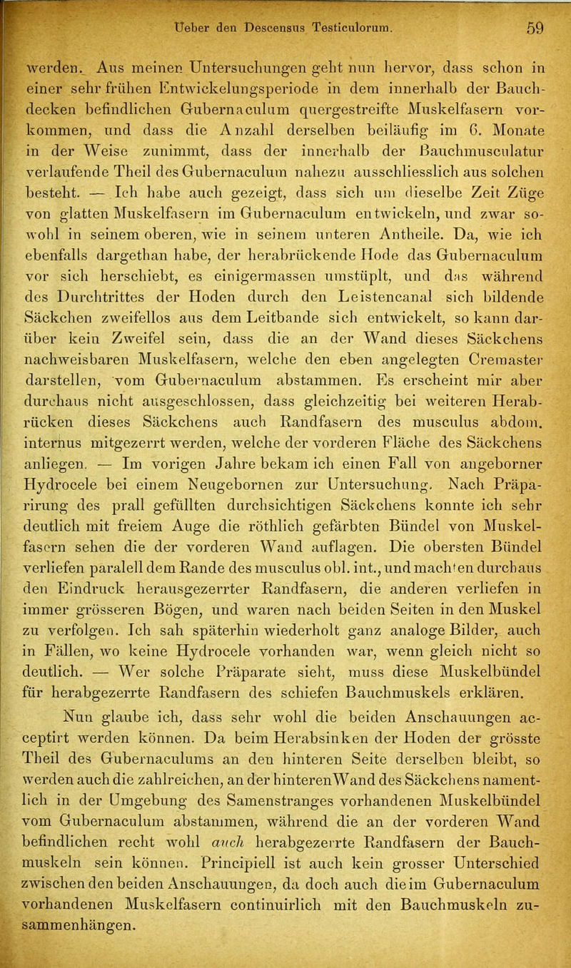 werden. Aus meinen Untersuchungen geht nun hervor, dass schon in einer sehr frühen Entwickelungsperiode in dem innerhalb der Bauch- decken befindlichen Gubernaculum quergestreifte Muskelfasern Vor- kommen, und dass die Anzahl derselben beiläufig im 6. Monate in der Weise zunimmt, dass der innerhalb der ßauchmusculatur verlaufende Theil des Gubernaculum nahezu ausschliesslich aus solchen besteht. — Ich habe auch gezeigt, dass sich um dieselbe Zeit Züge von glatten Muskelfasern im Gubernaculum entwickeln, und zwar so- wohl in seinem oberen, wie in seinem unteren Antheile. Da, wie ich ebenfalls dargethan habe, der herabrückende Hode das Gubernaculum vor sich herschiebt, es einigermassen umstüplt, und das während des Durchtrittes der Hoden durch den Leistencanal sich bildende Säckchen zweifellos aus dem Leitbande sich entwickelt, so kann dar- über kein Zweifel sein, dass die an der Wand dieses Säckchens nachweisbaren Muskelfasern, welche den eben angelegten Cremaster darstellen, vom Gubernaculum abstammen. Es erscheint mir aber durchaus nicht ausgeschlossen, dass gleichzeitig bei weiteren Herab- rücken dieses Säckchens auch Randfasern des musculus abdom. internus mitgezerrt werden, welche der vorderen Fläche des Säckchens anliegen. — Im vorigen Jahre bekam ich einen Fall von angeborner Hydrocele bei einem Neugebornen zur Untersuchung, Nach Präpa- rirung des prall gefüllten durchsichtigen Säckchens konnte ich sehr deutlich mit freiem Auge die röthlich gefärbten Bündel von Muskel- fasern sehen die der vorderen Wand auflagen. Die obersten Bündel verliefen paralell dem Rande des musculus obl. int., und machten durchaus den Eindruck herausgezerrter Randfasern, die anderen verliefen in immer grösseren Bögen, und waren nach beiden Seiten in den Muskel zu vex-folgen. Ich sah späterhin wiederholt ganz analoge Bilder, auch in Fällen, wo keine Hydrocele vorhanden war, wenn gleich nicht so deutlich. -— Wer solche Präparate sieht, muss diese Muskelbündel für herabgezerrte Randfasern des schiefen Bauchmuskels erklären. Nun glaube ich, dass sehr wohl die beiden Anschauungen ac- ceptirt werden können. Da beim Herabsinken der Hoden der grösste Theil des Gubernaculums an den hinteren Seite derselben bleibt, so werden auch die zahlreichen, an der hinterenWand des Säckchens nament- lich in der Umgebung des Samenstranges vorhandenen Muskelbündel vom Gubernaculum abstammen, während die an der vorderen Wand befindlichen recht wohl auch herabgezerrte Randfasern der Bauch- muskeln sein können. Principiell ist auch kein grosser Unterschied zwischen den beiden Anschauungen, da doch auch die im Gubernaculum vorhandenen Muskelfasern continuirlich mit den Bauchmuskeln Zu- sammenhängen.