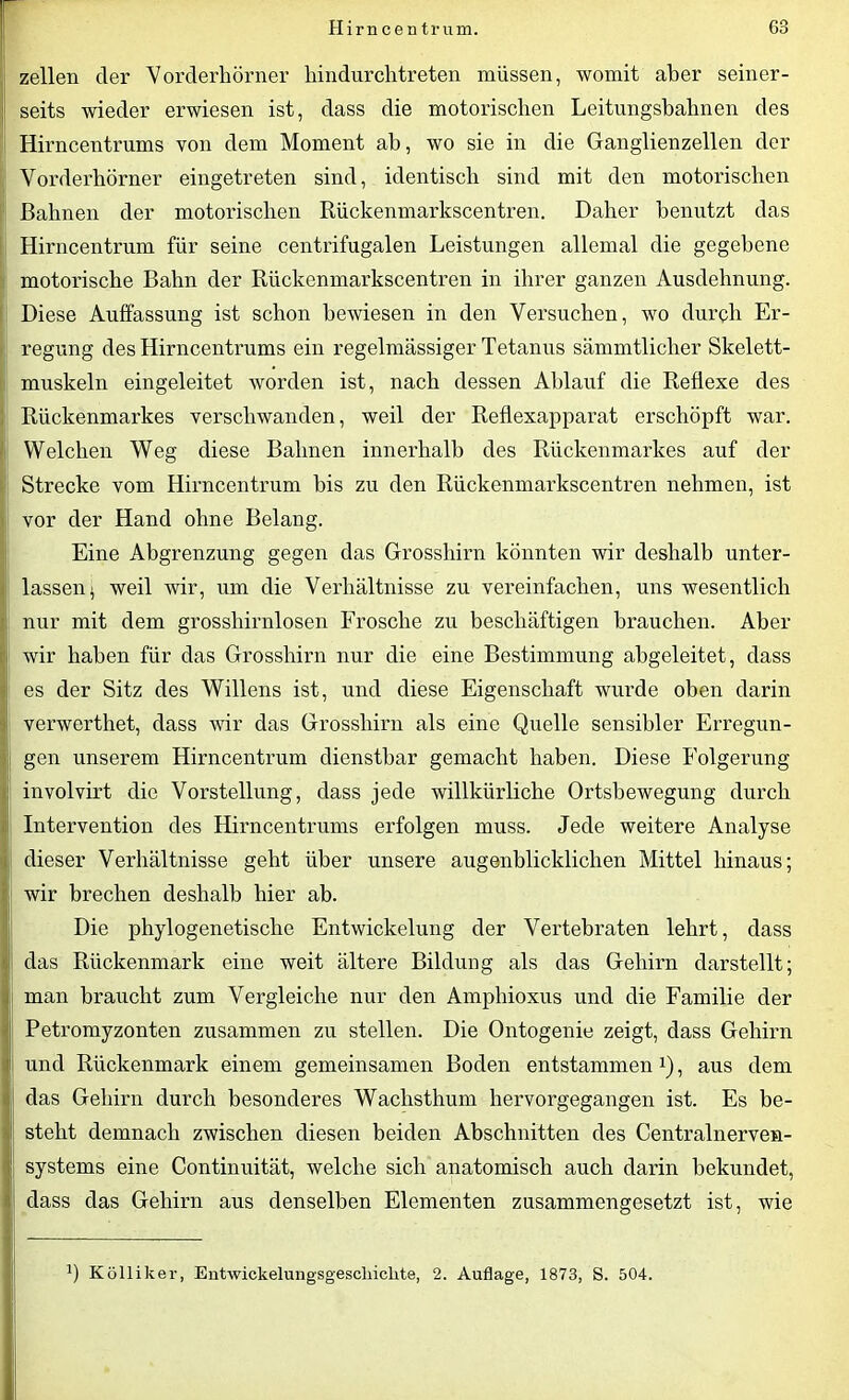 zellen der Vorderhörner hindurch treten müssen, womit aber seiner- seits wieder erwiesen ist, dass die motorischen Leitungshahnen des Hirncentrums von dem Moment ah, wo sie in die Ganglienzellen der Vorderhörner eingetreten sind, identisch sind mit den motorischen Bahnen der motorischen Rückenmarkscentren. Daher benutzt das Hirncentrum für seine centrifugalen Leistungen allemal die gegebene motorische Bahn der Rückenmarkscentren in ihrer ganzen Ausdehnung. Diese Auffassung ist schon bewiesen in den Versuchen, wo durpli Er- regung des Hirncentrums ein regelmässiger Tetanus sämmtlicher Skelett- muskeln eingeleitet worden ist, nach dessen Ablauf die Reflexe des Rückenmarkes verschwanden, weil der Reflexapparat erschöpft war. Welchen Weg diese Bahnen innerhalb des Rückenmarkes auf der Strecke vom Hirncentrum bis zu den Rückenmarkscentren nehmen, ist vor der Hand ohne Belang. Eine Abgrenzung gegen das Grosshirn könnten wir deshalb unter- lassen $ weil wir, um die Verhältnisse zu vereinfachen, uns wesentlich nur mit dem grosshirnlosen Frosche zu beschäftigen brauchen. Aber wir haben für das Grosshirn nur die eine Bestimmung abgeleitet, dass es der Sitz des Willens ist, und diese Eigenschaft wurde oben darin verwerthet, dass wir das Grosshirn als eine Quelle sensibler Erregun- gen unserem Hirncentrum dienstbar gemacht haben. Diese Folgerung involvirt die Vorstellung, dass jede willkürliche Ortsbewegung durch Intervention des Hirncentrums erfolgen muss. Jede weitere Analyse dieser Verhältnisse geht über unsere augenblicklichen Mittel hinaus; wir brechen deshalb hier ab. Die phylogenetische Entwickelung der Vertebraten lehrt, dass das Rückenmark eine weit ältere Bildung als das Gehirn darstellt; man braucht zum Vergleiche nur den Amphioxus und die Familie der Petromyzonten zusammen zu stellen. Die Ontogenie zeigt, dass Gehirn und Rückenmark einem gemeinsamen Boden entstammen x), aus dem das Gehirn durch besonderes Wachsthum hervorgegangen ist. Es be- steht demnach zwischen diesen beiden Abschnitten des Centralnerven- systems eine Continuität, welche sich anatomisch auch darin bekundet, dass das Gehirn aus denselben Elementen zusammengesetzt ist, wie x) Kölliker, Eutwickelungsgescliickte, 2. Auflage, 1873, S. 504.