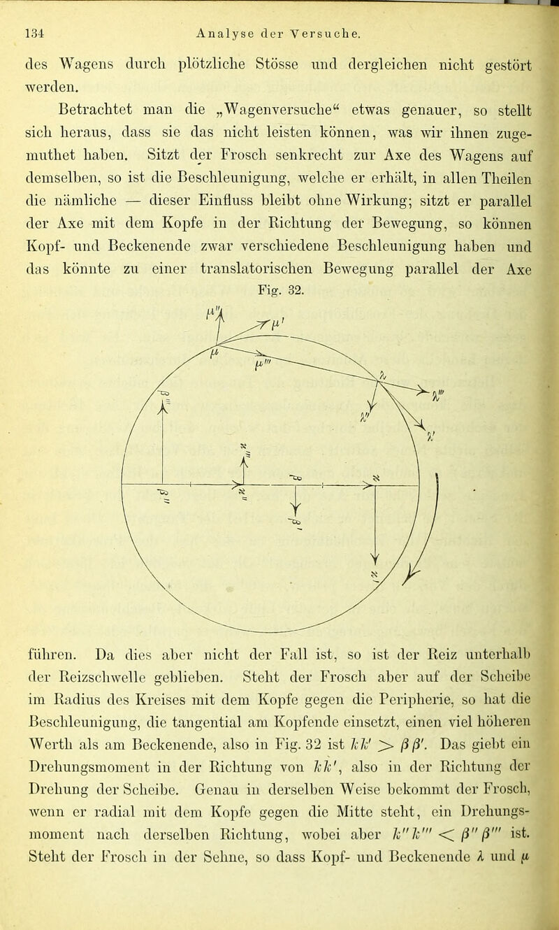 cles Wagens durch plötzliche Stösse und dergleichen nicht gestört werden. Betrachtet man die „Wagenversuche“ etwas genauer, so stellt sich heraus, dass sie das nicht leisten können, was wir ihnen zuge- muthet haben. Sitzt der Frosch senkrecht zur Axe des Wagens auf demselben, so ist die Beschleunigung, welche er erhält, in allen Theilen die nämliche — dieser Einfluss bleibt ohne Wirkung; sitzt er parallel der Axe mit dem Kopfe in der Richtung der Bewegung, so können Kopf- und Beckenende zwar verschiedene Beschleunigung haben und das könnte zu einer translatorischen Bewegung parallel der Axe Fig. 32. führen. Da dies aber nicht der Fall ist, so ist der Reiz unterhalb der Reizschwelle geblieben. Steht der Frosch aber auf der Scheibe im Radius des Kreises mit dem Kopfe gegen die Peripherie, so hat die Beschleunigung, die tangential am Kopfende einsetzt, einen viel höheren Werth als am Beckenende, also in Fig. 32 ist 7c7c' >- ß ß'. Das gieht ein Drehungsmoment in der Richtung von 7c 7c', also in der Richtung der Drehung der Scheibe. Genau in derselben Weise bekommt der Frosch, wenn er radial mit dem Kopfe gegen die Mitte steht, ein Drehungs- moment nach derselben Richtung, wobei aber 7c7c' < ß ß' ist. Steht der Frosch in der Sehne, so dass Kopf- und Beckenende l und ^