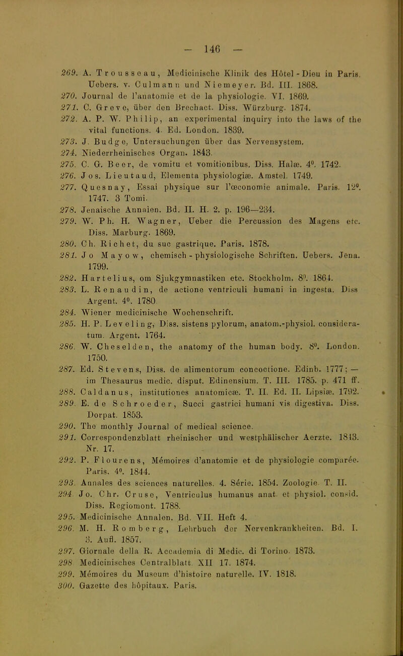 269. A. Troussoau, Medicinische Klinik des Hotel - Dieu in Paris. Uebers. v. Culmann und Niemeyer. Bd. Iii. 1868. 270. Journal de Tanatoniie et de la physiologie. VI. 1869. 271. C. Greve, über den Brechact. Diss. Würzburg. 1874. 272. A. P. W. Philip, an experimental inquiry into the laws of the vital functions. 4. Ed. London. 1839. 273. J. Budge, Untersuchungen über das Nervensystem. 274. Niederrheinisches Organ. 1843. 275. C. G. Beer, de vomitu et vomitionibus. Diss. Halse. 4°. 1742. 276. Jos. Lieutaud, Elementa physiologise. Amstel. 1749. 277. Quesnay, Essai physique sur l'ceconomie animale. Paris. 12°. 1747. 3 Tomi. 278. Jenaische Annaien. Bd. II. H. 2. p. 196—234. 279. W. Ph. H. Wagner, Ueber die Percussion des Magens etc. Diss. Marburg. 1869. 280. Ch. Rieh et, du suc gastrique. Paris. 1878. 281. J o M a y o w , chemisch - physiologische Schriften. Uebers. Jena. 1799. 282. Harte Ii us, om Sjukgymnastiken etc. Stockholm. 8. 1864. 283. L. Ren au din, de actione ventriculi humani in ingesta. Di.ss Argent. 4<>. 1780. 284. Wiener medicinische Wochenschrift. 285. H. P. Leveling, Diss. sistens pylorum, anatom.-physiol. considera- tum. Argent. 1764. 286. W. Cheselden, the anatomy of the human body. 8°. London. 1750. 287. Ed. Stevens, Diss. de alimentorum concoctione. Edinb. 1777; — im Thesaurus medic. disput. Edinensium. T. III. 1785. p. 471 ff. 288. Caldanus, institutiones anatomieee. T. II. Ed. IL Lipsiae. 1792. 289. E. de Schroeder, Succi gastrici humani vis digestiva. Diss. Dorpat. 1853. 290. The monthly Journal of medical science. 291. Correspondenzblatt rheinischer und westphälischer Aerzte. 1813. Nr. 17. 292. P. Flourens, Memoires d'anatomie et de physiologie comparee. Paris. 4». 1844. 293. Annales des Sciences naturelles. 4. Serie. 1854. Zoologie. T. II. 294- J0. Chr. Cruse, Ventriculus humanus anat. et physiol. con*id. Diss. Regiomont. 1788. 295. Medicinische Annaien. Bd. VII. Heft 4. 296. M. H. Romberg, Lehrbuch der Nervenkrankheiten. Bd. I. 3. Aufl. 1857. 297. Giornale della R. Accademia di Medic. di Torino. 1873. 298 Medicinisches Centraiblatt. XII 17. 1874. 299. Memoires du Museum d'histoire naturelle. IV. 1818. 300. Gazette des höpitaux. Paris.