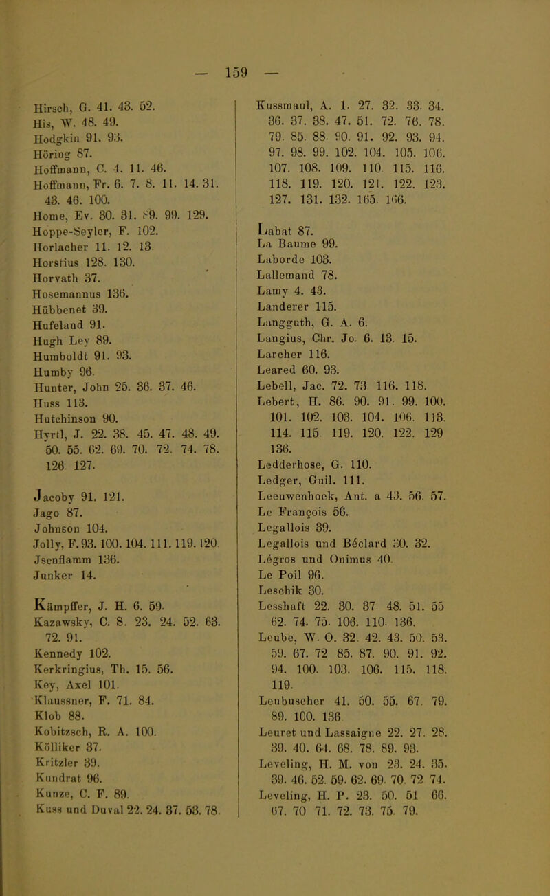 Hirsch, G. 41. 43. 52. His, W. 48. 49. Hodgkin 91. 93. Höring 87. Hoffmann, C. 4. 11. 46. Hoffmann, Fr. 6. 7. 8. 11. 14. 31. 43. 46. 100. Home, Ev. 30. 31. *=9. 99. 129. Hoppe-Seyler, F. 102. Horlacher 11. 12. 13. Horstius 128. 130. Horvath 37. Hosemannus 136. Hübbenet 39. Hufeland 91. Hugh Ley 89. Humboldt 91. 93. Humby 96. Ilunter, John 25. 36. 37. 46. Huss 113. Hutchinson 90. Hyrtl, J. 22, 38. 45. 47. 48. 49. 50. 55. 62. 69. 70. 72. 74. 78. 126 127. Jacoby 91. 121. Jago 87. Johnson 104. Jolly, F. 93. 100. 104. 111.119.120. Jsenflamm 136. Junker 14. Kämpffer, J. H. 6. 59. Kazawsky, C. S. 23. 24. 52. 63. 72. 91. Kennedy 102. Kerkringius, Th. 15. 56. Key, Axel 101. Klaussner, F. 71. 84. Klob 88. Kobitzsch, R. A. 100. Kölliker 37. Kritzler 39. Kundrat 96. Kunze, C. F. 89. Kuss und Duval 22. 24. 37. 53. 78. Kussmaul, A. 1. 27. 32. 33. 34. 36. 37. 38. 47. 51. 72. 76. 78. 79. 85. 88. 90. 91. 92. 93. 94. 97. 98. 99. 102. 104. 105. 106. 107. 108. 109. 110. 115. 116. 118. 119. 120. 12!. 122. 123. 127. 131. 132, 165. 166. Labat 87. La Baume 99. Labor de 103. Lallemand 78. Lamy 4. 43. Landerer 115. Langguth, G. A. 6. Langius, Chr. Jo. 6. 13. 15. Larcher 116. Leared 60. 93. Lebeil, Jac. 72. 73. 116. 118. Lebert, H. 86. 90. 91. 99. 100. 101. 102. 103. 104. 106. 113. 114. 115 119. 120. 122. 129 136. Ledderhose, G. 110. Ledger, Guil. 111. Leeuwenhoek, Ant. a 43. 56. 57. Lc Francois 56. Legallois 39. Lcgallois und Beclard 80. 32. Legros und Onimus 40. Le Poil 96. Leschik 30. Lesshaft 22. 30. 37. 48. 51. 55 62. 74. 75. 106. 110. 136. Leube, W. O. 32. 42. 43. 50. 53. 59. 67. 72 85. 87. 90. 91. 92. 94. 100. 103. 106. 115. 118. 119. Leubuscher 41. 50. 55. 67. 79. 89. 100. 136 Leuret und Lassaigne 22. 27. 28. 39. 40. 64. 68. 78. 89. 93. Leveling, H. M. von 23. 24 . 35. 39. 46. 52. 59. 62. 69. 70. 72 74. Leveling, H. P. 23. 50. 51 66. 67. 70 71. 72. 73. 75. 79.
