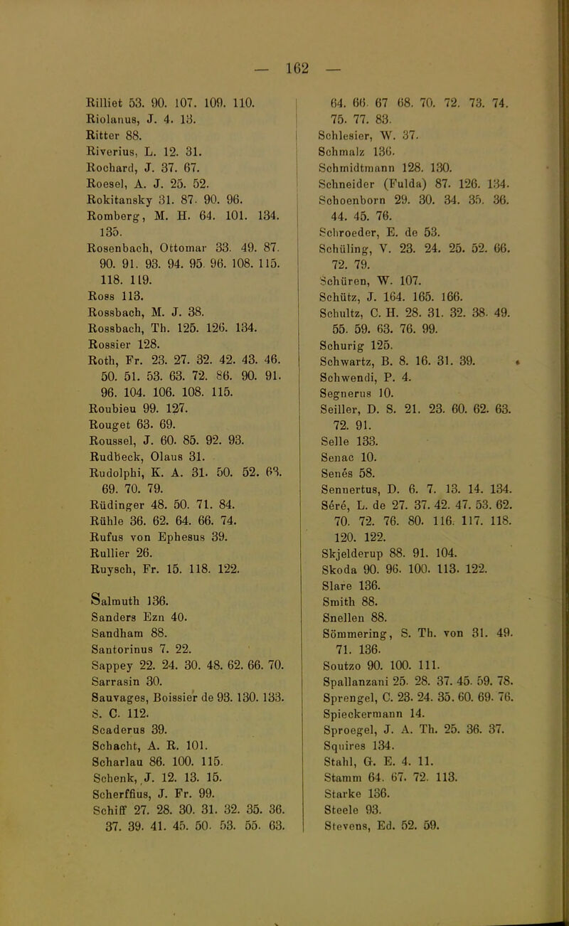 Rilliet 53. 90. 107. 109. 110. Riolanus, J. 4. IB. Ritter 88. Riverius, L. 12. 31. Rochard, J. 37. 67. Roesel, A. J. 25. 52. Rokitansky 31. 87. 90. 96. Romberg, M. H. 64. 101. 134. 135. Rosenbach, Ottomar 33. 49. 87. 90. 91. 93. 94. 95. 96. 108. 115. 118. 119. Ross 113. Rossbach, M. J. 38. Rossbach, Th. 125. 126. 134. Rossier 128. Roth, Fr. 23. 27. 32. 42. 43. 46. 50. 51. 53. 63. 72. 86. 90. 91. 96. 104. 106. 108. 115. Roubieu 99. 127. Rouget 63. 69. Roussel, J. 60. 85. 92. 93. Rudbeck, Olaus 31. Rudolphi, K. A. 31. 50. 52. 6fi 69. 70. 79. Rüdinger 48. 50. 71. 84. Rühle 36. 62. 64. 66. 74. Rufus von Ephesus 39. Rullier 26. Ruysch, Fr. 15. 118. 122. Salmuth 136. Sanders Ezn 40. Sandham 88. Santorinus 7. 22. Sappey 22. 24. 30. 48. 62. 66. 70. Sarrasin 30. Sauvages, Boissier de 93. 130. 133. S. C 112. Scaderus 39. Schacht, A. R. 101. Scharlau 86. 100. 115. Schenk,, J. 12. 13. 15. Scherffius, J. Fr. 99. Schiff 27. 28. 30. 31. 32. 35. 36. 37. 39. 41. 45. 50. 53. 55. 63. 64. 66. 67 68. 70. 72. 73. 74. 75. 77. 83. Schlesier, W. 37. Schmalz 136. Schmidtmann 128. 130. Schneider (Fulda) 87. 126. 134. Sohoenborn 29. 30. 34. 35. 36. 44. 45. 76. Schroeder, E. de 53. Schüling, V. 23. 24. 25. 52. 66. 72. 79. Schüren, W. 107. Schütz, J. 164. 165. 166. Schultz, C. H. 28. 31. 32. 38. 49. 55. 59. 63. 76. 99. Schurig 125. Schwartz, B. 8. 16. 31. 39. Schwendi, P. 4. Segnerus 10. Seiller, D. S. 21. 23. 60. 62. 63. 72. 91. Seile 133. Senac 10. Senes 58. Sennertus, D. 6. 7. 13. 14. 134. Sere, L. de 27. 37. 42. 47. 53. 62. 70. 72. 76. 80. 116. 117. 118. 120. 122. Skjelderup 88. 91. 104. Skoda 90. 96. 100. 113. 122. Slare 136. Smith 88. Snellen 88. Sömmering, S. Th. von 31. 49. 71. 136. Soutzo 90. 100. 111. Spallanzani 25. 28. 37. 45. 59. 78. Sprengel, C. 23. 24. 35. 60. 69. 76. Spieckermann 14. Sproegel, J. A. Th. 25. 36. 37. Squires 134. Stahl, GL E. 4. 11. Stamm 64. 67. 72. 113. Starke 136. Steele 93. Stevens, Ed. 52. 59.
