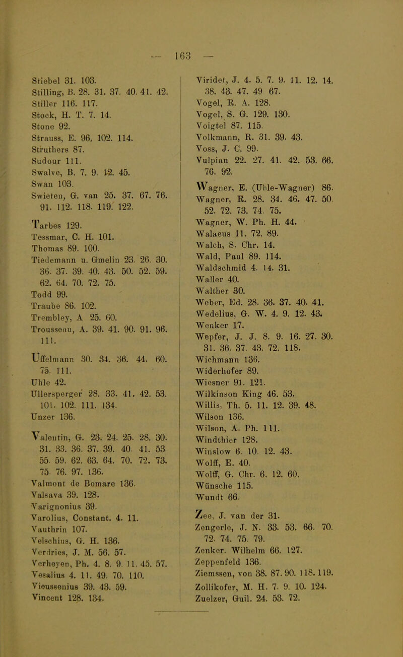 1 63 Stiobel 31. 103. Stilling, B. 28. 31. 37. 40. 41. 42. Stiller 116. 117. Stock, H. T. 7. 14. Stone 92. Strauss, E. 96, 102. 114. Struthers 87. Sudour 111. Swalve, B. 7. 9. 13. 45. Swan 103. Swieten, GL van 25. 37. 67; 76. 91. 112. 118. 119. 122. Tarbes 129. Tessraar, C. H. 101. Thomas 89. 100. Tiedemann u. Gmelin 23. 26. 30. 36. 37. 39. 40. 43. 50. 52. 59. 62. 64. 70. 72. 75. Todd 99. Traube 86. 102. Trembley, A 25. 60. Trousseau, A. 39. 41. 90. 91. 96. 111. Uffeln)ann 30. 34. 36. 44. 60. 75. III. ühle 42. Uller.sperger 28. 33. 41. 42. 53. 101. 102. 111. 134. Unzer 136. Valentin, Gr. 23. 24. 25. 28. 30. 31. 33. 36. 37. 39. 40. 41. 53 55. 59. 62. 63. 64. 70. 72. 73. 75. 76. 97. 136. Valmont de Bomare 136. Valsava 39. 128. Varignonius 39. Varolius, Constant. 4. 11. Vauthrin 107. Velschius, O. H. 136. V.Tflries, J. M. 56. 57. Verheyen, Ph. 4. 8. 9. II. 45. 57. Vesalius 4. 11. 49. 70. HO. Vieussenius 39. 43. 59. Viridet, J. 4. 5. 7. 9. 11. 12. 14. .'58. 43. 47. 49 67. Vogel, R. A. 128. Vogel, S. G. 129. 130. Voigtei 87. 115. Volkmann, R. 31. 39. 43. Voss, J. C. 99. Vulpian 22. 27. 41. 42. 53. 66. 76. 92. Wagner, E. (Uhle-Wagner) 86. Wagner, R. 28. 34 . 46. 47. 50. 52. 72. 73. 74, 75. Wagner, W. Ph. H. 44. Walaeus 11. 72. 89. Walch, S. Chr. 14. Wald, Paul 89. 114. Waldschraid 4. 14. 31. Waller 40. Walther 30. Weber, Ed. 28. 36. 37. 40. 41. Wedelius, G. W. 4. 9. 12. 43. Wenker 17. Wepfer, J. J. 8. 9. 16. 27. 30. 31. 36. 37. 43. 72. 118. Wichmann 136. Widerhofer 89. Wiesner 91. 121. Wilkinson King 46. 53. Willis, Th. 5. 11. 12. 39. 48. Wilson 136. Wilson, A. Ph. 111. Windthier 128. Winslow 6. 10. 12. 43. Wolff, E. 40. Wolff, G. Chr. 6. 12. 60. Wünsche 115. Wundt 66. Zee, J. van der 31. Zengerle, J. N. 33. 53. 66. 70. 72. 74. 75. 79. Zenker. Wilhelm 66. 127. Zeppenfeld 136. Ziemusen, von 38. 87. 90. 118.119. Zollikofer, M. EL 7. 9. 10. 124.