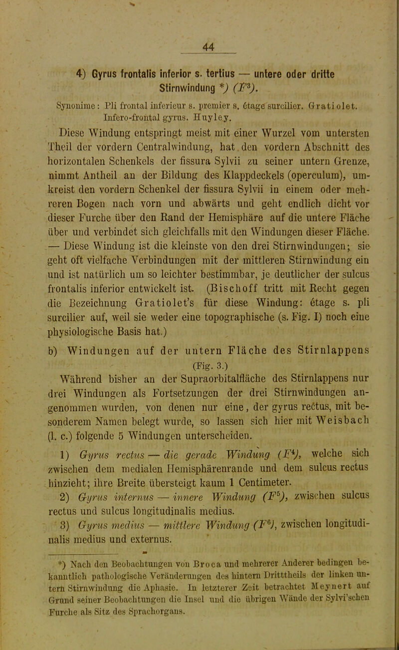 4) Gyrus frontalis inferior s. tertius — untere oder dritte Stirnwindung *J Syuoiürae: Pli frontal inferieur s. premier s. 6tage surcilier. Gratiolet. Diese Windung entspringt meist mit einer Wurzel vom untersten Theil der vordem Centralwindung, hat. den vordem Abschnitt des horizontalen Schenkels der fissura Sylvii zu seiner untern Grenze, nimmt Antheil an der Bildung des Klappdeckels (operculum), um- kreist den vordem Schenkel der fissura Sylvii in einem oder meh- reren Bogen nach vorn und abwärts und geht endlich dicht vor dieser Furche über den Rand der Hemisphäre auf die untere Fläche über und verbindet sich gleichfalls mit den Windungen dieser Fläche. — Diese Windung ist die kleinste von den drei Stirnwindungen; sie geht oft vielfache Verbindungen mit der mittleren Stirnwindung ein und ist natürlich um so leichter bestimmbar, je deutlicher der sulcus frontalis inferior entwickelt ist. (Bisehoff tritt mit Recht gegen die Bezeichnung Gratiolet’s für diese Windung: etage s. pli surcilier auf, weil sie weder eine topographische (s. Fig. I) noch eine physiologische Basis hat.) b) Windungen auf der untern Fläche des Stirnlappens Während bisher an der Supraorbitalfläche des Stirnlappens nur drei Windungen als Fortsetzungen der drei Stirnwindungen an- genommen wurden, von denen nur eine, der gyrus reötus, mit be- sonderem Namen belegt wurde, so lassen sich hier mit Weisbach (1. c.) folgende 5 Windungen unterscheiden. 1) Gyrus rectus — die gerade Windung (F^J, welche sich zwischen dem medialen Hemisphärenrande und dem sulcus rectus hinzieht; ihre Breite übersteigt kaum 1 Centimeter. 2) Gyrus internus — innere Windung (F^), zwischen sulcus rectus und sulcus longitudinalis medius. 3) Gyrus medius — mittlere Windung (F^)^ zwischen longitudi- nalis medius und externus. *) Nach (len Beobachtungen von Broca und mehrerer Anderer bedingen be- kanntlich pathologische Veränderungen des hintern Dritttheils der linken un- tern Stirnwindung die Aphasie. In letzterer Zeit betrachtet Meynert auf Grund seiner Beobachtungen die Insel und die übrigen Wände der Sylvi’schen Furche als Sitz des Sprachorgans. Infero-frontal gyrus. Huyle.y. (Fig. 3.)