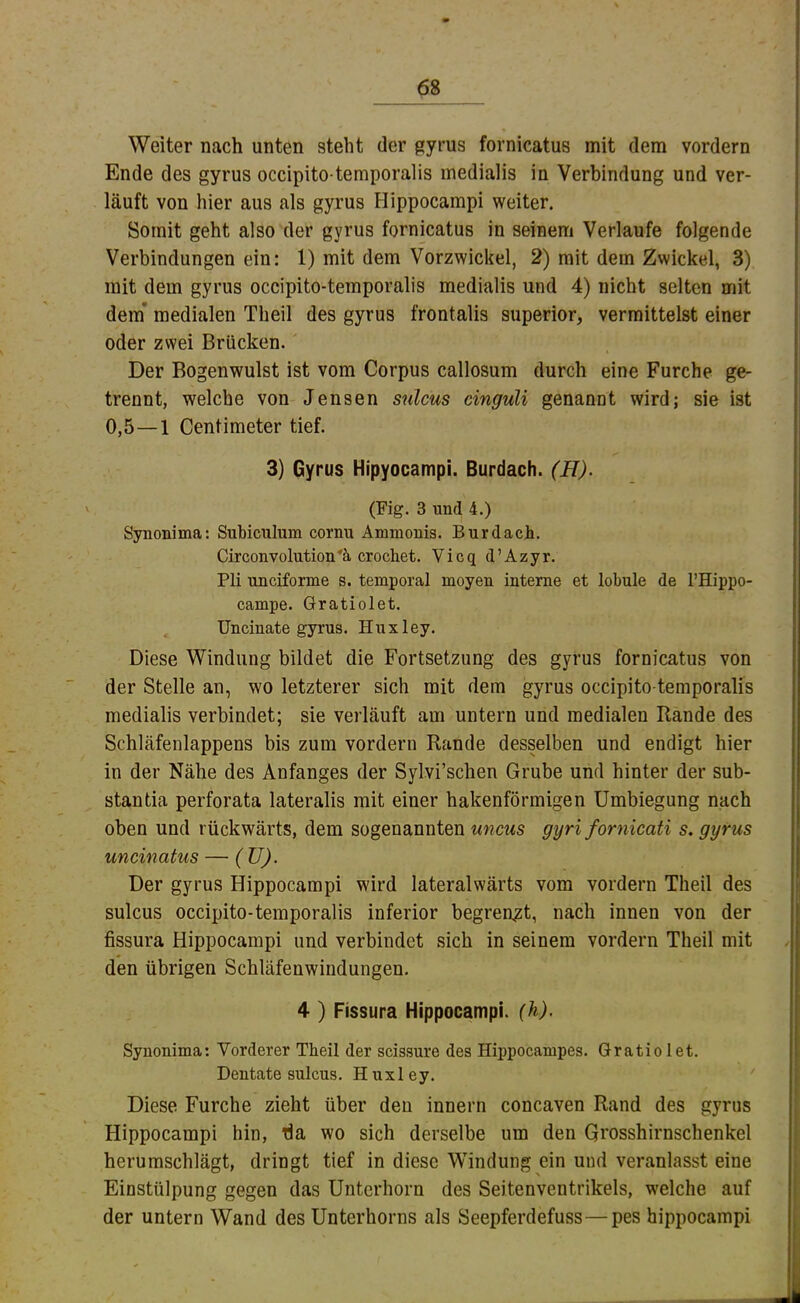 Weiter nach unten steht der gyrus fornicatus mit dem vordem Ende des gyrus occipito-temporalis medialis in Verbindung und ver- läuft von hier aus als gyrus Hippocampi weiter. Somit geht also der gyrus fornicatus in seinem Verlaufe folgende Verbindungen ein: 1) mit dem Vorzwickel, 2) mit dem Zwickel, 3) mit dem gyrus occipito-temporalis medialis und 4) nicht selten mit dem* medialen Theil des gyrus frontalis superior, vermittelst einer oder zwei Brücken. Der Bogenwulst ist vom Corpus callosum durch eine Furche ge- trennt, welche von Jensen sulcus cinguli genannt wird; sie ist 0,5—1 Centimeter tief. 3) Gyrus Hipyocampi. Burdach. (H)^ (Fig. 3 und 4.) Synonima: Subiculum cornu Ammonis. Burdach. Circonvolution'ä crochet. Vicq d’Azyr. Pli unciforme s. temporal moyeu interne et lohule de l’Hippo- campe. Gratiolet. ^ Uncinate gyrus. Huxley. Diese Windung bildet die Fortsetzung des gyrus fornicatus von der Stelle an, wo letzterer sich mit dem gyrus occipito-temporalis medialis verbindet; sie verläuft am untern und medialen Bande des Schläfenlappens bis zum vordem Rande desselben und endigt hier in der Nähe des Anfanges der Sylvi’schen Grube und hinter der sub- stantia perforata lateralis mit einer hakenförmigen Umbiegung nach oben und rückwärts, dem sogenannten uncus gyri fornicati s, gyrus uncinatus — (TJ). Der gyrus Hippocampi wird lateralwärts vom vordem Theil des sulcus occipito-temporalis inferior begrenzt, nach innen von der fissura Hippocampi und verbindet sich in seinem vordem Theil mit den übrigen Schläfenwindungen. 4 ) Fissura Hippocampi. (h). Synonima; Vorderer Theil der scissure des Hippocampes. Gratiolet. Dentate sulcus. Huxley. ' Diese Furche zieht über den innern concaven Rand des gyrus Hippocampi hin, da wo sich derselbe um den Grosshirnschenkel herumschlägt, dringt tief in diese Windung ein und veranlasst eine Einstülpung gegen das Unterhorn des Seitenventrikels, welche auf der untern Wand des Unterhorns als Seepferdefuss—pes hippocampi