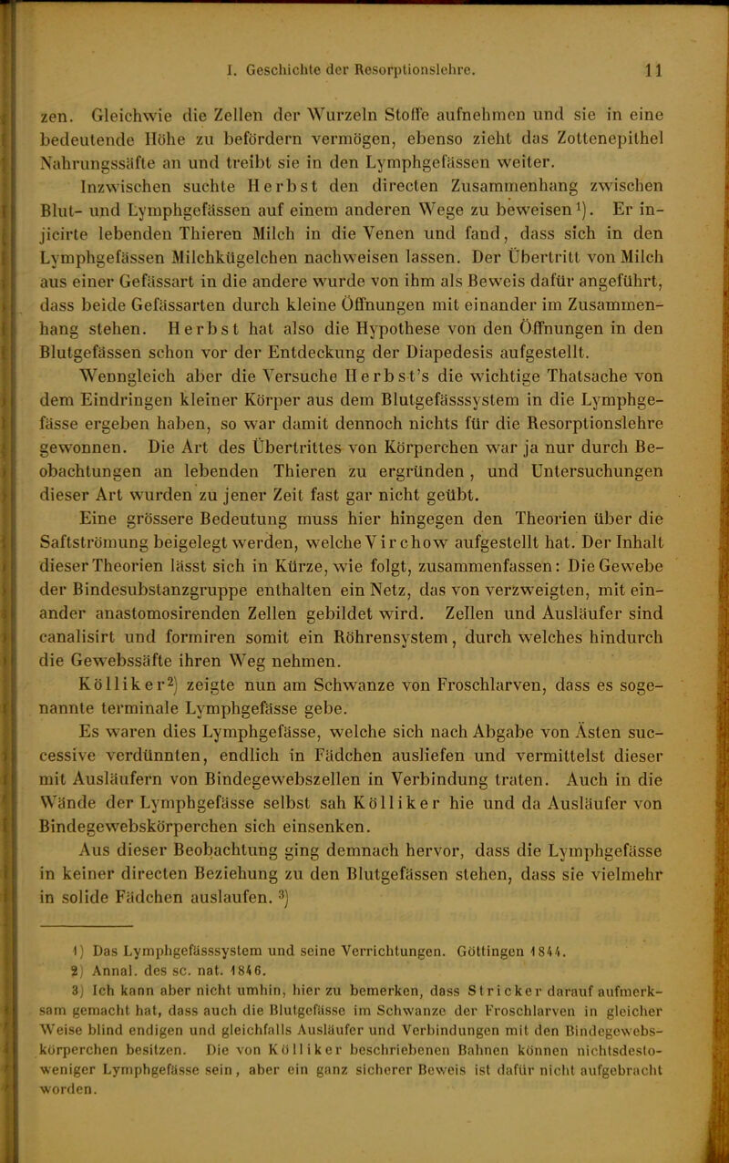 zen. Gleichwie die Zellen der Wurzeln Stoffe aufnehmen und sie in eine bedeutende Höhe zu befördern vermögen, ebenso zieht das Zottenepithel Nahrungssäfte an und treibt sie in den Lymphgefässen weiter. Inzwischen suchte Herbst den directen Zusammenhang zwischen Blut- und Lymphgefässen auf einem anderen Wege zu beweisen i). Er in- jicirte lebenden Thieren Milch in die Venen und fand, dass sich in den Lymphgefässen Milchkügelchen nachweisen lassen. Der Übertritt von Milch aus einer Gefässart in die andere wurde von ihm als Beweis dafür angeführt, dass beide Gefässarten durch kleine Öffnungen mit einander im Zusammen- hang stehen. Herbst hat also die Hypothese von den Öffnungen in den Blutgefässen schon vor der Entdeckung der Diapedesis aufgestellt. Wenngleich aber die Versuche Herbst's die wichtige Thatsache von dem Eindringen kleiner Körper aus dem Blutgefässsystem in die Lymphge- fässe ergeben haben, so war damit dennoch nichts für die Resorptionslehre gewonnen. Die Art des Übertrittes von Körperchen war ja nur durch Be- obachtungen an lebenden Thieren zu ergründen, und Untersuchungen dieser Art wurden zu jener Zeit fast gar nicht geübt. Eine grössere Bedeutung muss hier hingegen den Theorien über die Saftströmung beigelegt werden, welche Vir chow aufgestellt hat. Der Inhalt dieser Theorien lässt sich in Kürze, wie folgt, zusammenfassen: Die Gewebe der Bindesubstanzgruppe enthalten ein Netz, das von verzweigten, mit ein- ander anastomosirenden Zellen gebildet wird. Zellen und Ausläufer sind canalisirt und formiren somit ein Röhrensystem, durch welches hindurch die Gewebssäfte ihren Weg nehmen. Kölliker^) zeigte nun am Schwänze von Froschlarven, dass es soge- nannte terminale Lymphgefässe gebe. Es waren dies Lymphgefässe, welche sich nach Abgabe von Ästen suc- cessive verdünnten, endlich in Fädchen ausliefen und vermittelst dieser mit Ausläufern von Bindegewebszellen in Verbindung traten. Auch in die Wände der Lymphgefässe selbst sah Kölliker hie und da Ausläufer von Bindegevvebskörperchen sich einsenken. Aus dieser Beobachtung ging demnach hervor, dass die Lymphgefässe in keiner directen Beziehung zu den Blutgefässen stehen, dass sie vielmehr in solide Fädchen auslaufen. ^] 1) Das Lymphgefässsystem und seine Verrichtungen. Göltingen 1844. 2] Annal. des sc. nat. 1846. 3j Ich liann aber nicht umhin, hier zu bemerken, dass Stricker darauf aufmerk- sam gemacht hat, dass auch die Blutgefässe im Schwänze der Froschlarven in gleicher Weise blind endigen und gleichfalls Ausläufer und Verbindungen mit den Bindegcwebs- korperchen besitzen. Die von Kölliker beschriebenen Bahnen können nichtsdesto- weniger Lymphgefässe sein, aber ein ganz sicherer Beweis ist dafür nicht aufgebracht worden.
