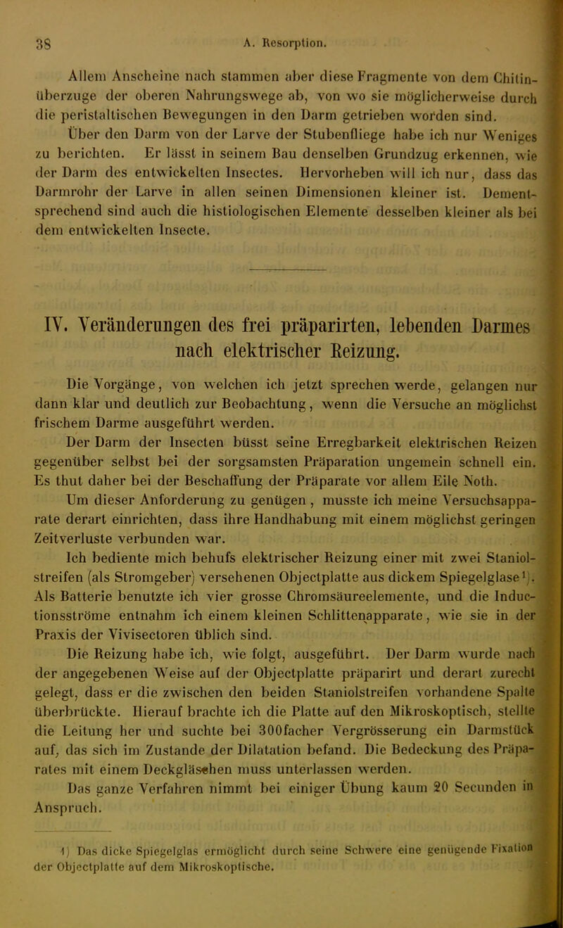 Allem Anscheine nach stammen aber diese Fragmente von dem Chilin- überzuge der oberen Nahrungswege ab, von wo sie möglicherweise durcli die peristallischen Bewegungen in den Darm getrieben worden sind. Über den Darm von der Larve der Stubenfliege habe ich nur Weniges zu berichten. Er lässt in seinem Bau denselben Grundzu£( erkennen, wie der Darm des entwickelten Insectes. Hervorheben will ich nur, dass das Darmrohr der Larve in allen seinen Dimensionen kleiner ist. Dement- sprechend sind auch die histiologischen Elemente desselben kleiner als bei dem entwickelten Insecle. lY. Yeräiiderungeii des frei präparirten, lebenden Darmes nacli elektrischer Eeiznng. Die Vorgänge, von welchen ich jetzt sprechen werde, gelangen nur dann klar und deutlich zur Beobachtung, wenn die Versuche an möglichst frischem Darme ausgeführt werden. Der Darm der Insecten büsst seine Erregbarkeit elektrischen Reizen gegenüber selbst bei der sorgsamsten Präparation ungemein schnell ein. Es thut daher bei der Beschaffung der Präparate vor allem Eile Noth. Um dieser Anforderung zu genügen , musste ich meine Versuchsappa- rate derart einrichten, dass ihre Handhabung mit einem möglichst geringen Zeitverluste verbunden war. Ich bediente mich behufs elektrischer Reizung einer mit zwei Staniol- streifen (als Stromgeber) versehenen Objectplatte aus dickem Spiegelglase' . Als Batterie benutzte ich vier grosse Ghromsäureelemenle, und die Induc- tionsströme entnahm ich einem kleinen Schlittenapparate, wie sie in der Praxis der Vivisectoren üblich sind. Die Reizung habe ich, wie folgt, ausgeführt. Der Darm wurde nach der angegebenen Weise auf der Objectplatte präparirt und derart zurecbt gelegt, dass er die zwischen den beiden Slaniolstreifen vorhandene Spalte überbrückte. Hierauf brachte ich die Platte auf den Mikroskoptisch, stellte die Leitung her und suchte bei BOOfacher Vergrösserung ein Darrastück auf; das sich im Zustande der Dilatation befand. Die Bedeckung des Präpa- rates mit einem Deckgläs«hen muss unterlassen werden. Das ganze Verfahren nimmt bei einiger Übung kaum 20 Secunden in Anspruch. 1) Das dicke Spiegelglas ermöglicht durch seine Schwere eine genügende Fixation der Objectplatte auf dem Mikroskoptische.