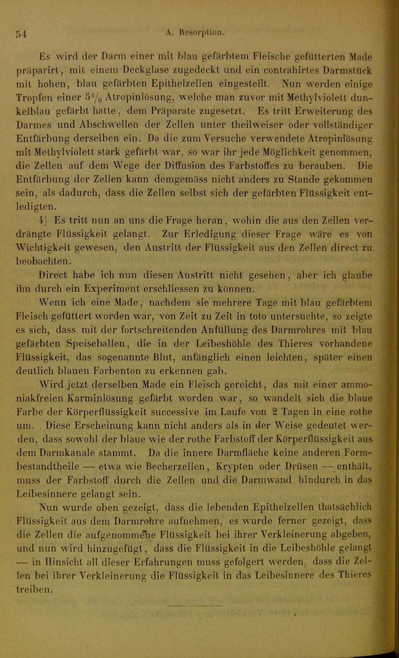 Es wird der Darm einer mit blau gefärbtem Fleische gefütterten Made präparirt, mit einem Deckglase zugedeckt und ein contrahirtes Darmslück mit hohen, blau gefärbten Epithelzellen eingestellt. Nun werden einige Tropfen einer 5% Atropinlösung, welche man zuvor mit Melhylviolett dun- kelblau gefärbt hatte, dem Präparate zugesetzt. Es tritt Erweiterung des Darmes und Abschwellen der Zellen unter theilweiser oder vollständiger Entfärbung derselben ein. Da die zum Versuche verwendete Atropinlösung mit Methylviolett stark gefärbt war, so war ihr jede Möglichkeit genommen, die Zellen auf dem Wege der Diffusion des Farbstoffes zu berauben. Die Entfärbung der Zellen kann demgemäss nicht anders zu Stande gekommen sein, als dadurch, dass die Zellen selbst sich der gefärbten Flüssigkeit ent- ledigten. 4) Es tritt nun an uns die Frage heran , wohin die aus den Zellen ver- drängte Flüssigkeit gelangt. Zur Erledigung dieser Frage wäre es von Wichtigkeit gewesen, den Austritt der Flüssigkeit aus den Zellen direct zu beobachten. Direct habe ich nun diesen Austritt nicht gesehen, aber ich glaube ihn durch ein Experiment erschliessen zu können. Wenn ich eine Made, nachdem sie mehrere Tage mit blau gefärbtem Fleisch gefüttert worden war, von Zeit zu Zeit in toto untersuchte, so zeigte es sich, dass mit der fortschreitenden Anfüllung des Darmrohres mit blau gefärbten Speiseballen, die in der Leibeshöhle des Thieres vorhandene Flüssigkeit, das sogenannte Blut, anfänglich einen leichten, später einen deutlich blauen Farbenton zu erkennen gab. Wird jetzt derselben Made ein Fleisch gereicht, das mit einer ammo- niakfreien Karminlösung gefärbt v^'orden war, so wandelt sich die blaue Farbe der Körperflüssigkeit successive im Laufe von 2 Tagen in eine rothe um. Diese Erscheinung kann nicht anders als in der Weise gedeutet wer- den, dass sowohl der blaue wie der rothe Farbstoff der Körperflüssigkeit aus dem Darmkanale stammt. Da die innere Darmfläche keine anderen Form- bestandtheile — etwa wie Becherzellen, Krypten oder Drüsen — enthält, muss der Farbstoff durch die Zellen und die Darmwand hindurch in das Leibesinnere gelangt sein. Nun wurde oben gezeigt, dass die lebenden Epithelzellen Ihalsächlich Flüssigkeit aus dem Darmrohre aufnehmen, es w-urde ferner gezeigt, dass die Zellen die aufgenommene Flüssigkeit bei ihrer Verkleinerung abgeben, und nun wird hinzugefügt, dass die Flüssigkeit in die Leibeshöhle gelangt — in Hinsicht all dieser Erfahrungen muss gefolgert werden, dass die Zel- len bei ihrer Verkleinerung die Flüssigkeit in das Leibesinnere des Thieres treiben.