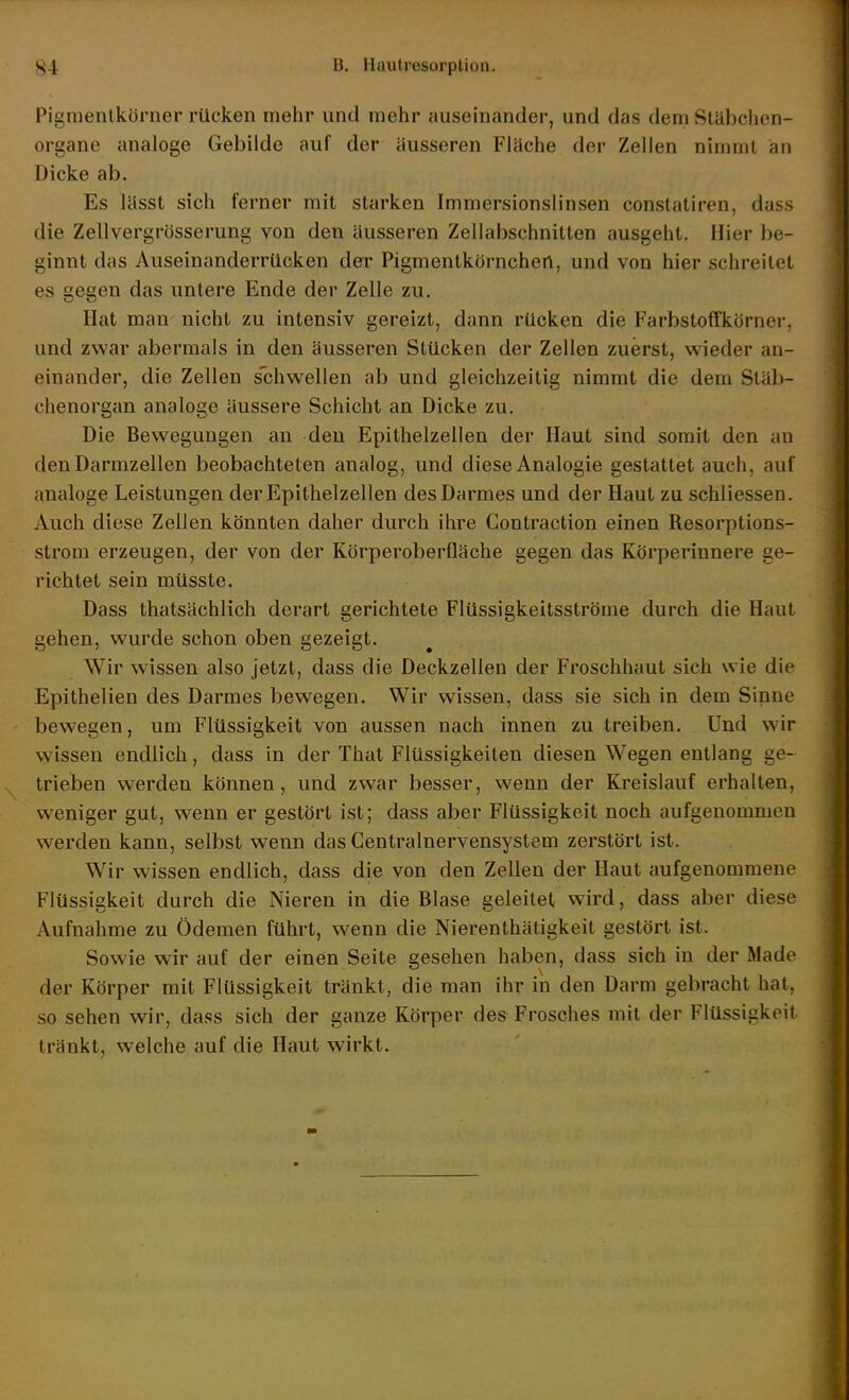 Pigmentkörnei- rücken mehr und mehr auseinander, und das dem Stäbchen- organe analoge Gebilde auf der äusseren Fläche der Zellen nimmt an Dicke ab. Es lässt sich ferner mit starken Immersionslinsen conslatiren, dass die Zellvergrösserung von den äusseren Zellabschnitten ausgeht. Hier be- ginnt das Auseinanderrtlcken der Pigmenlkörncheil, und von hier schreitet es gegen das untere Ende der Zelle zu. Hat mau nicht zu intensiv gereizt, dann rücken die Farbstoffkörner, und zwar abermals in den äusseren Stücken der Zellen zuerst, wieder an- einander, die Zellen schwellen ab und gleichzeitig nimmt die dem Stäb- chenorgan analoge äussere Schicht an Dicke zu. Die Bewegungen an den Epithelzellen der Haut sind somit den an den Darmzellen beobachteten analog, und diese Analogie gestattet auch, auf analoge Leistungen der Epithelzellen des Darmes und der Haut zu schliessen. Auch diese Zellen könnten daher durch ihre Contraction einen Resorptions- strom erzeugen, der von der Körperoberfläche gegen das Körperinnere ge- richtet sein müsste. Dass thatsächlich derart gerichtete Flüssigkeitsströme durch die Haut gehen, wurde schon oben gezeigt. Wir weissen also jetzt, dass die Deckzellen der Froschhaut sich wie die Epithelien des Darmes bewegen. Wir wissen, dass sie sich in dem Sinne bewegen, um Flüssigkeit von aussen nach innen zu treiben. Und wir wissen endlich, dass in der That Flüssigkeilen diesen Wegen entlang ge- trieben werden können, und zwar besser, wenn der Kreislauf erhalten, weniger gut, wenn er gestört ist; dass aber Flüssigkeit noch aufgenommen werden kann, selbst wenn das Centrainervensystem zerstört ist. Wir wissen endlich, dass die von den Zellen der Haut aufgenommene Flüssigkeit durch die Nieren in die Blase geleilet wird, dass aber diese Aufnahme zu Ödemen führt, wenn die Nierenthätigkeit gestört ist. Sowie wir auf der einen Seite gesehen haben, dass sich in der Made der Körper mit Flüssigkeit tränkt, die man ihr in den Darm gebracht hat, so sehen wir, dass sich der ganze Körper des Frosches mit der Flüssigkeit tränkt, welche auf die Haut wirkt.