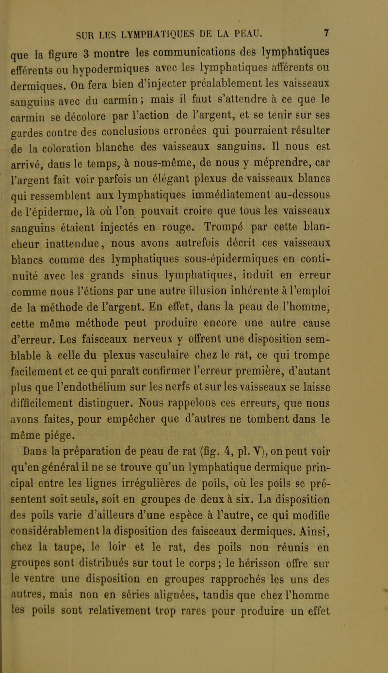 que la figure 3 montre les communications des lymphatiques efférents ou hypodermiques avec les lymphatiques afférents ou dermiques. On fera bien d'injecter préalablement les vaisseaux sanguins avec du carmin; mais il faut s'attendre à ce que le carmin se décolore par l'action de l'argent, et se tenir sur ses gardes contre des conclusions erronées qui pourraient résulter de la coloration blanche des vaisseaux sanguins. Il nous est arrivé, dans le temps, à nous-même, de nous y méprendre, car l'argent fait voir parfois un élégant plexus de vaisseaux blancs qui ressemblent aux lymphatiques immédiatement au-dessous de l'épiderme, là où l'on pouvait croire que tous les vaisseaux sanguins étaient injectés en rouge. Trompé par cette blan- cheur inattendue, nous avons autrefois décrit ces vaisseaux blancs comme des lymphatiques sous-épidermiques en conti- nuité avec les grands sinus lymphatiques, induit en erreur comme nous l'étions par une autre illusion inhérente à l'emploi de la méthode de l'argent. En effet, dans la peau de l'homme, cette même méthode peut produire encore une autre cause d'erreur. Les faisceaux nerveux y offrent une disposition sem- blable à celle du plexus vasculaire chez le rat, ce qui trompe facilement et ce qui paraît confirmer l'erreur première, d'autant plus que Tendothélium sur les nerfs et sur les vaisseaux se laisse difficilement distinguer. Nous rappelons ces erreurs, que nous avons faites, pour empêcher que d'autres ne tombent dans le même piège. Dans la préparation de peau de rat (fig. 4, pl. Y), on peut voir qu'en général il ne se trouve qu'un lymphatique dermique prin- cipal entre les lignes irrégulières de poils, où les poils se pré- sentent soit seuls, soit en groupes de deux à six. La disposition des poils varie d'ailleurs d'une espèce à l'autre, ce qui modifie considérablement la disposition des faisceaux dermiques. Ainsi, chez la taupe, le loir et le rat, des poils non réunis en groupes sont distribués sur tout le corps; le hérisson offre sur le ventre une disposition en groupes rapprochés les uns des autres, mais non en séries alignées, tandis que chez l'homme les poils sont relativement trop rares pour produire un effet